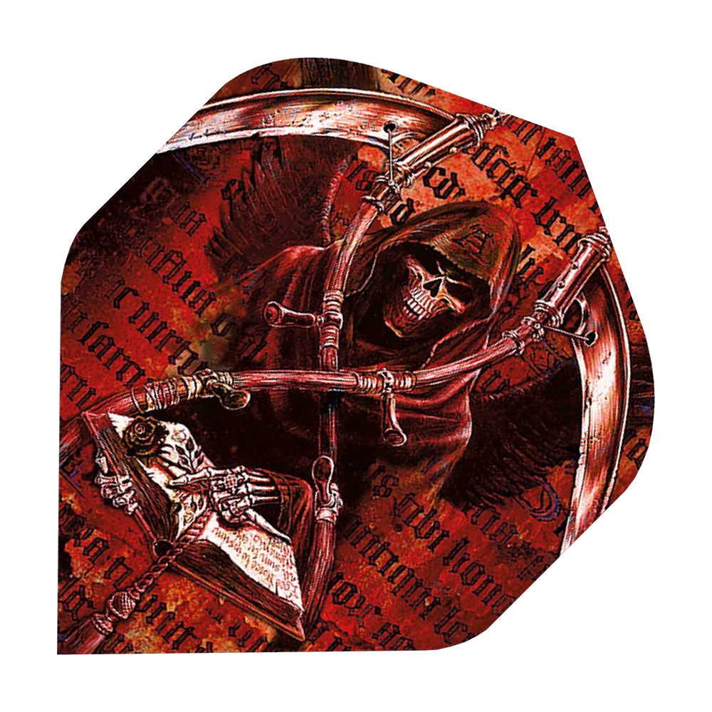 ALC3_Alchemy_Day_Of_Reckoning_Standard_Flights_1 Das Bild zeigt ein Dart-Flight mit einem düsteren Sensenmann-Design auf rotem Hintergrund. Der Sensenmann hält eine Sense und ein Buch in den Händen.