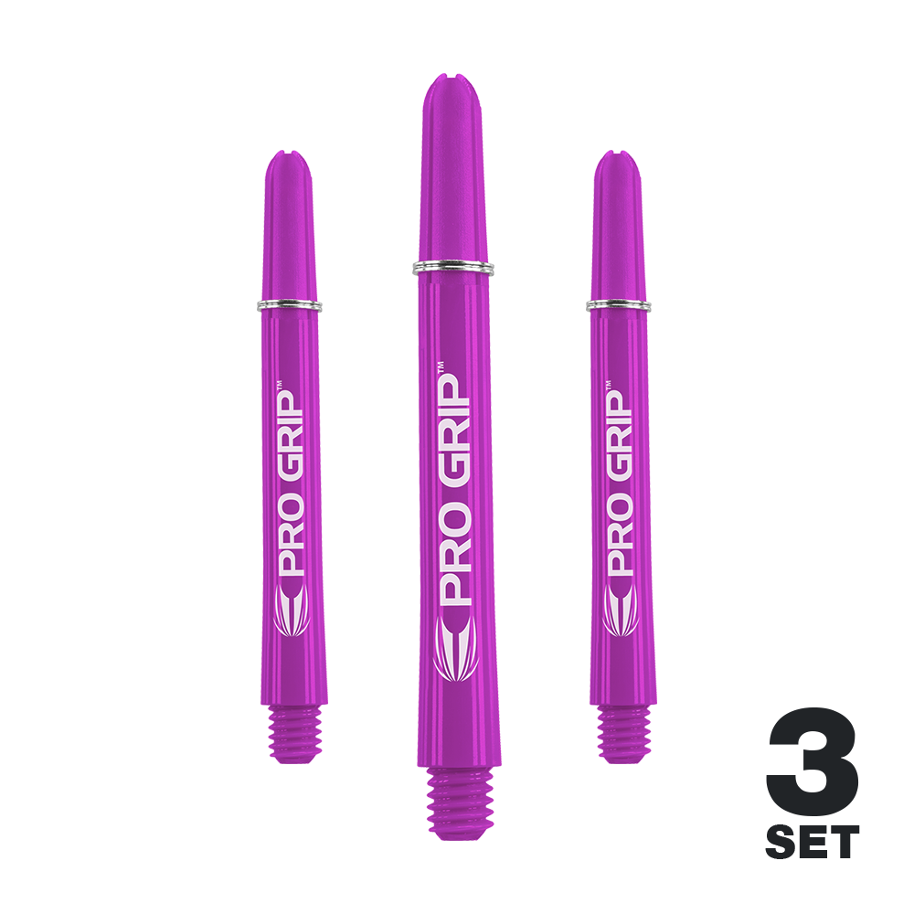 Target Pro Grip Shafts – 3 sady – fialová Das Bild zeigt drei lila Dartschäfte der Marke "Pro Grip". In der rechten unteren Ecke steht "3 Set".