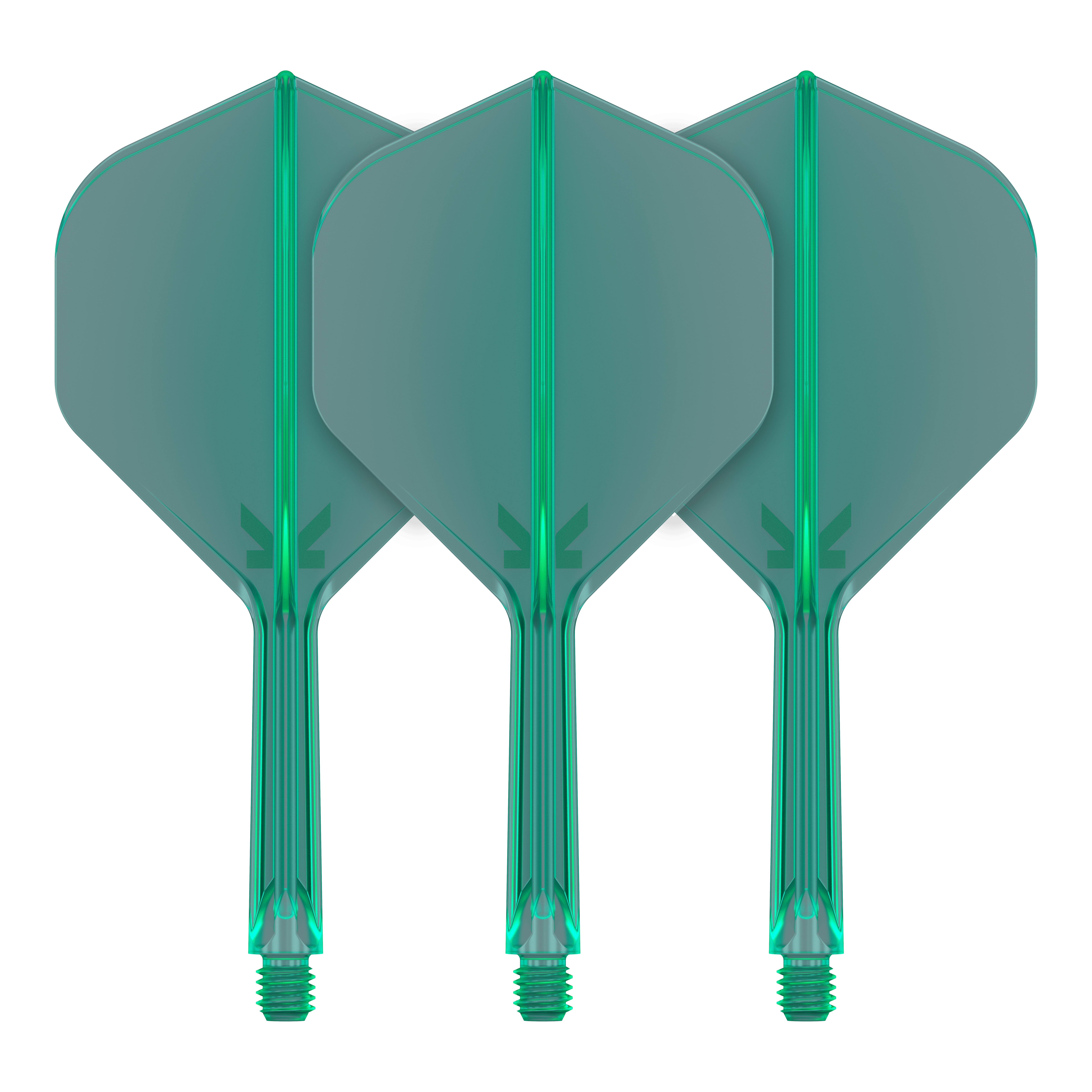 Standardní letový systém Target K-Flex No2 - zelený Das Bild zeigt drei grüne Dartflights mit angebauten Schäften. Sie sind gleichmäßig angeordnet und weisen ein schlichtes, modernes Design auf.