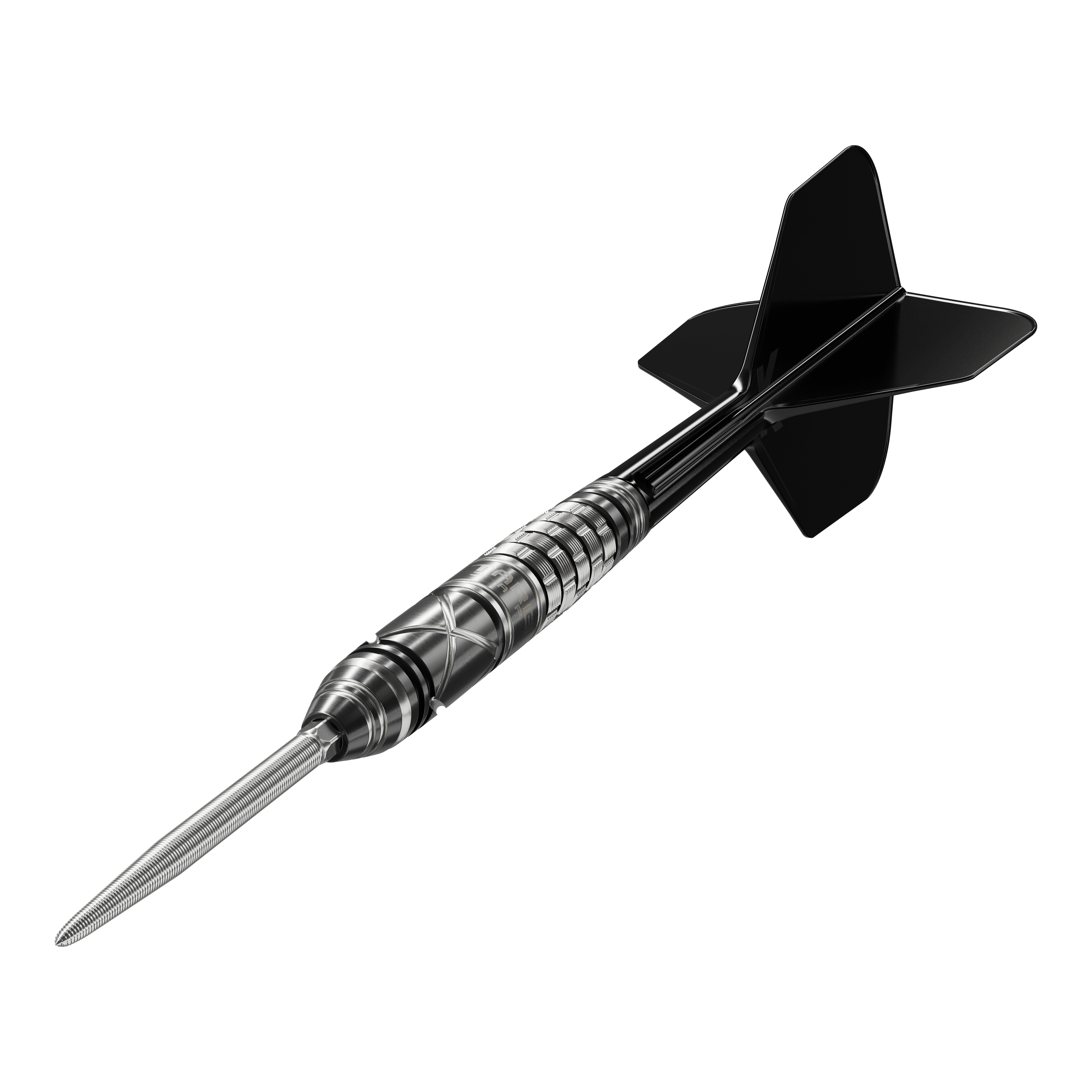 Ocelové šipky Target Japan Black Marque Chaos 2 SP Das Bild zeigt einen Target Japan Black Marque Chaos 2 SP Steeldart. Der Dart hat ein elegantes, schwarzes Design mit präzisen Rillen am Griff.