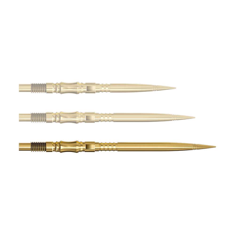 Špičky na šipky Harrows Quick Point Axis Elite Series - zlaté Eine einzelne Dartspitze in Gold ist von nahe gezeigt. Die Spitze ist nach rechts ausgerichtet.