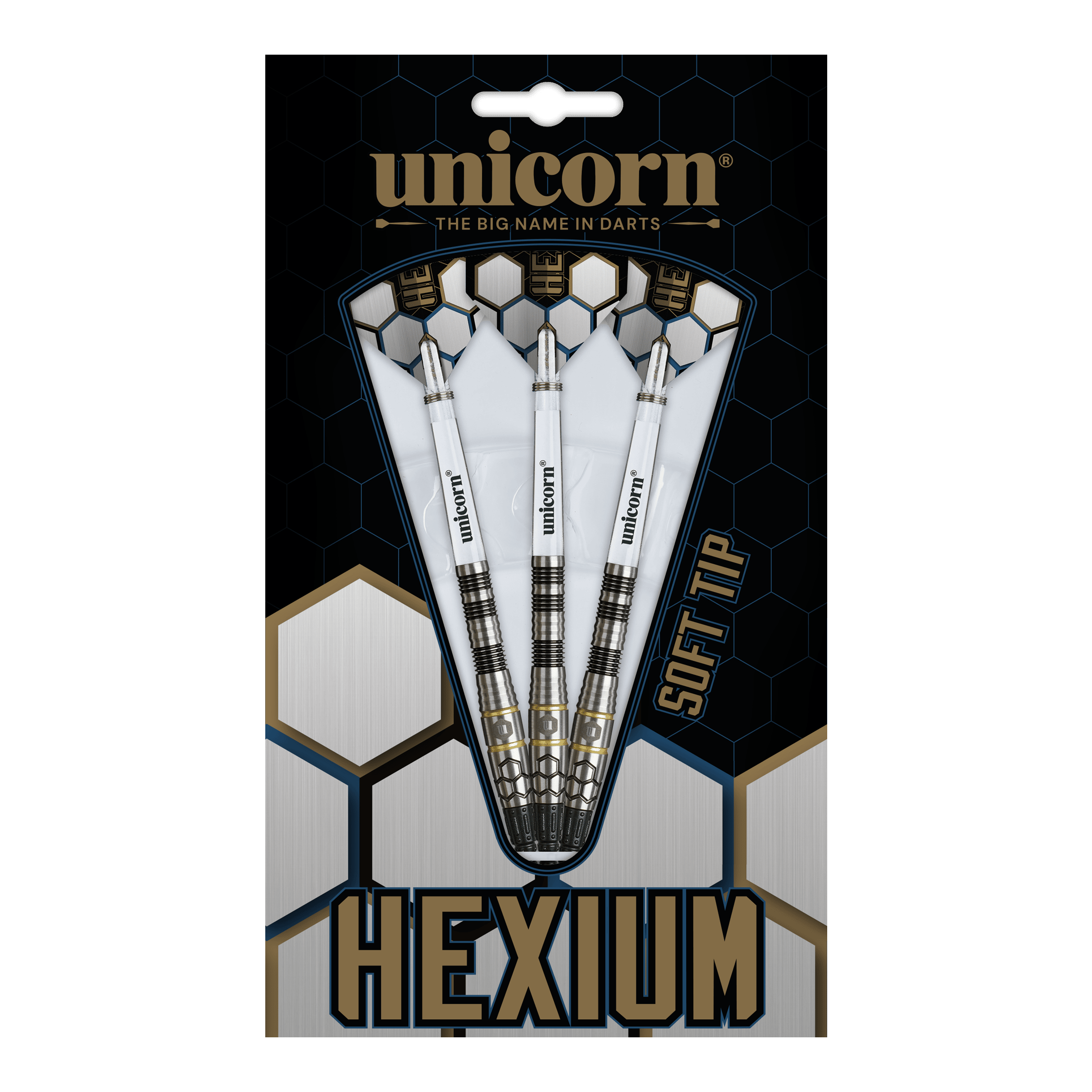Měkké šipky Unicorn Hexium Style 01, černo-zlaté - 22g Abgebildet sind Unicorn Hexium Style 01 Black & Gold Softdarts mit 22 Gramm. Diese Softdarts haben ein auffälliges Schwarz-Gold-Design.