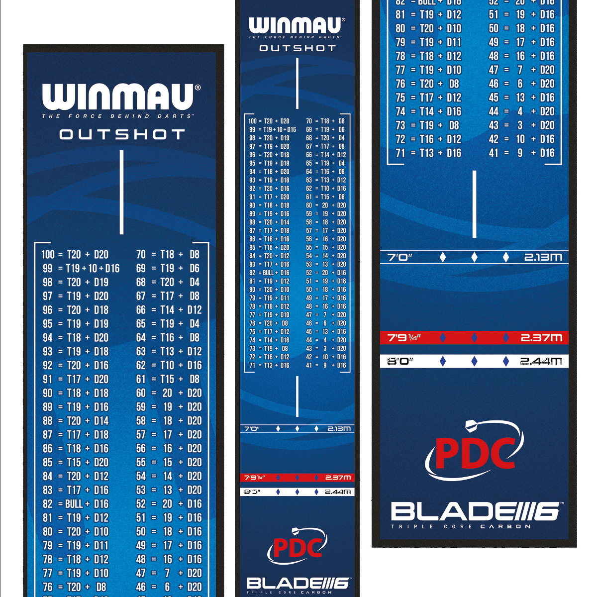 Šipková podložka Winmau Outshot Das Bild zeigt die Winmau Outshot Dartmatte 2024 in Blau mit Tabellen für Checkout-Werte beim Dartspiel. Unten auf der Matte sind Markierungen für verschiedene Distanzen und das PDC-Logo zu sehen.