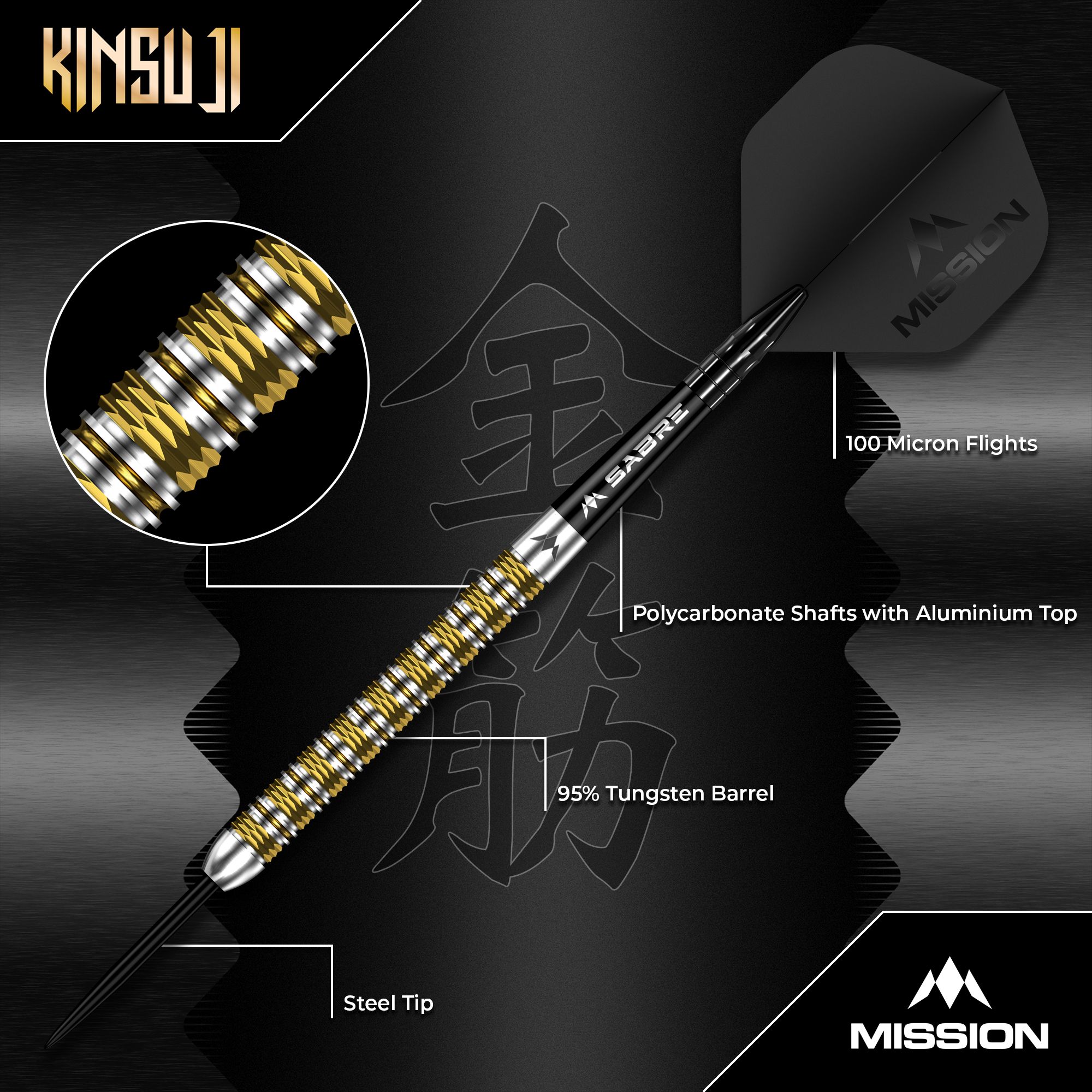 Mise Kinsuji Steeldarts Das Bild zeigt die Mission Kinsuji Steeldarts. Die Steeldarts sind im Detail abgebildet.