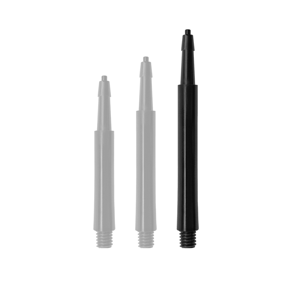 Das Bild zeigt drei schwarze Harrows Clic Standard Shafts in unterschiedlicher Länge. Sie sind als Zubehörteile für Dartpfeile gedacht.