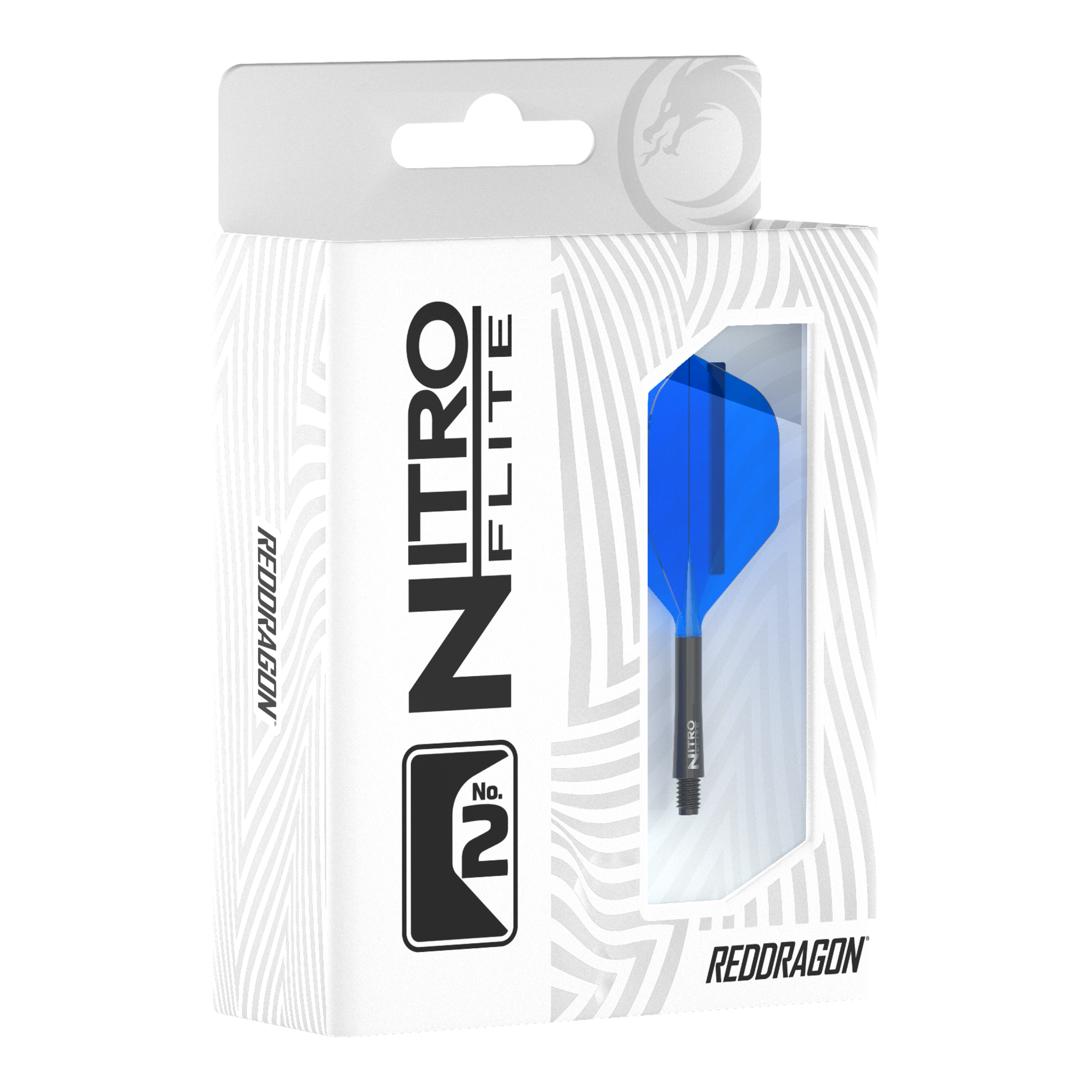 Die Verpackung zeigt das Produkt "Red Dragon Nitroflite - Black Shaft Blue No2 Flights". Im Sichtfenster ist ein blauer Dart-Flügel mit schwarzem Schaft zu sehen.