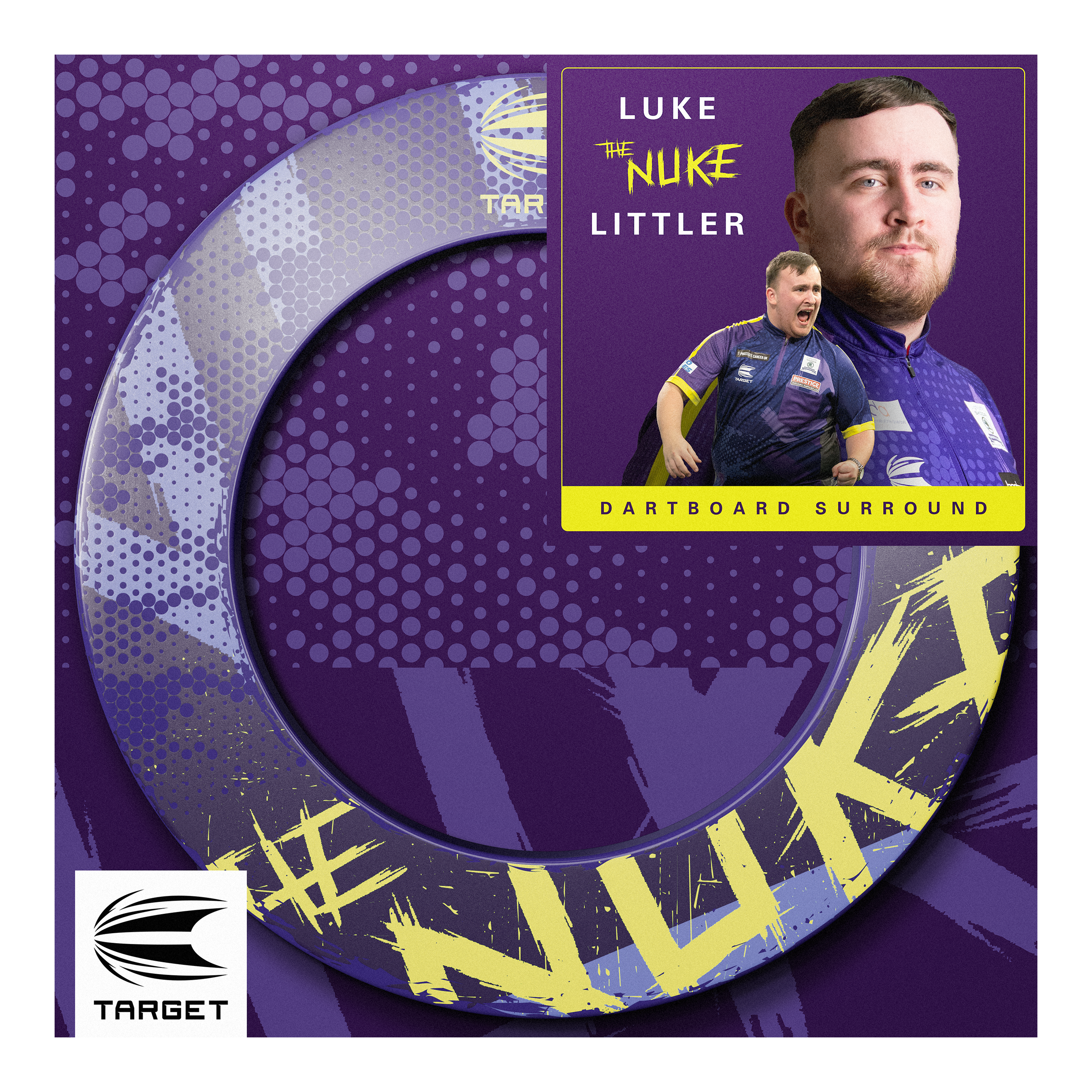 Obvodový terč Target Luke Littler The Nuke Das Bild zeigt das Produkt "Target Luke Littler The Nuke Dartboard Surround" in lila und gelben Farben. Auf der Verpackung sind Fotos von Luke Littler sowie das Target-Logo abgebildet.