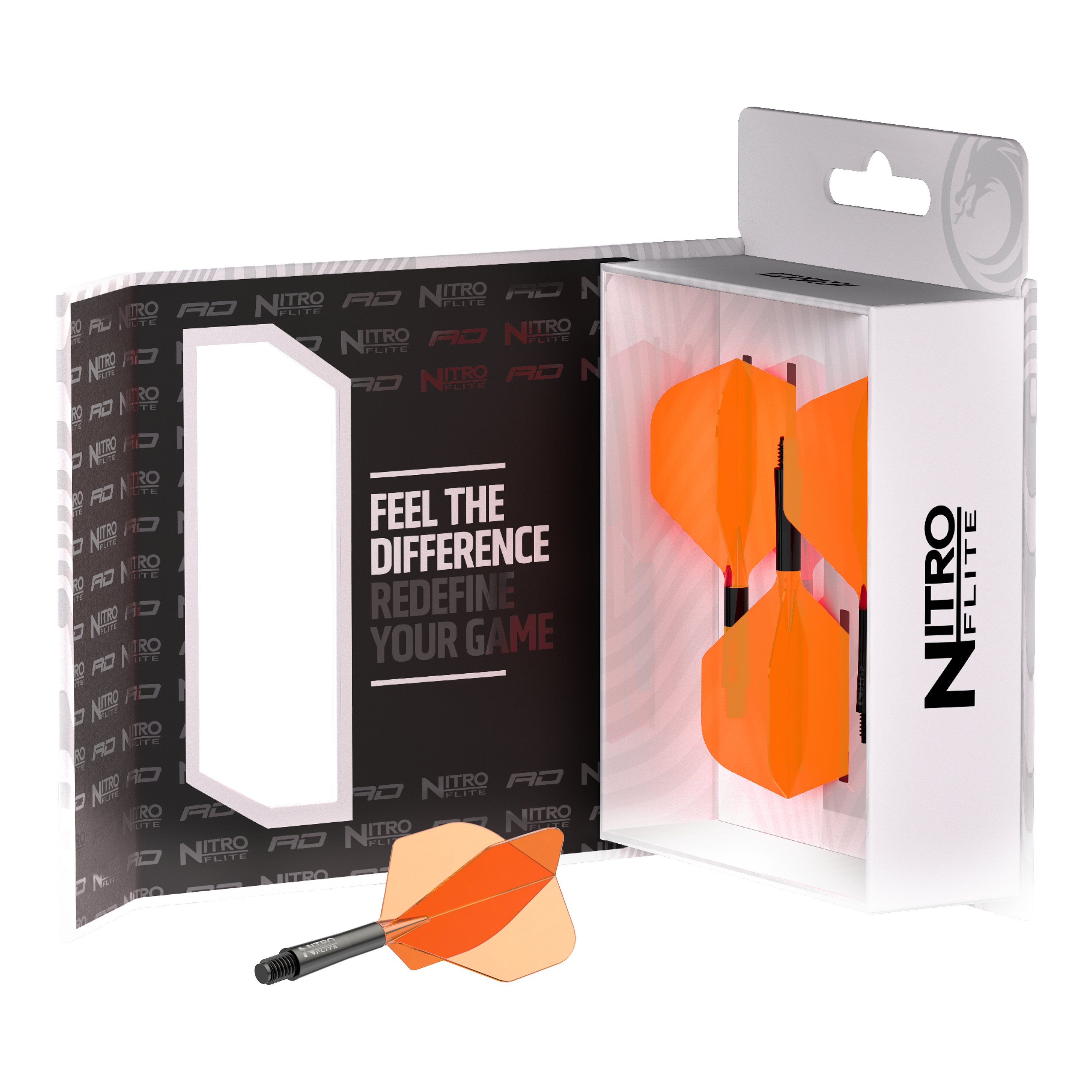 Dieses Bild zeigt den Red Dragon Nitroflite Black Shaft Orange Flights No2. Der Dart-Schaft hat schwarze und orange Details.