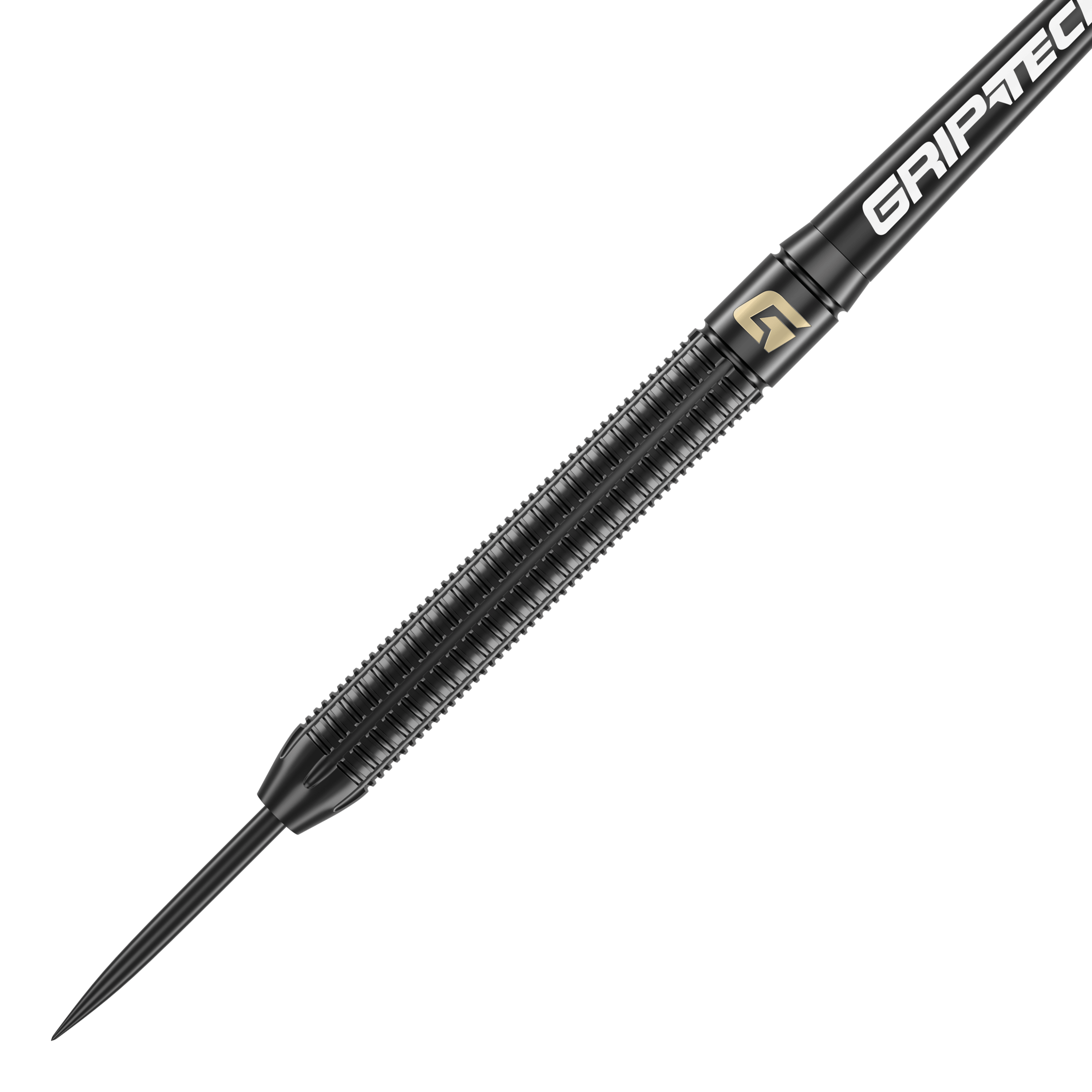 Ocelové šipky GOAT Athlete Black Brass - 13g Das Bild zeigt einen schwarzen Steeldart mit dem Namen "GOAT Athlete Black Brass Steeldarts - 13g". Der Dart hat eine geriffelte Oberfläche für besseren Halt und trägt den Schriftzug "GRIP-TEC".