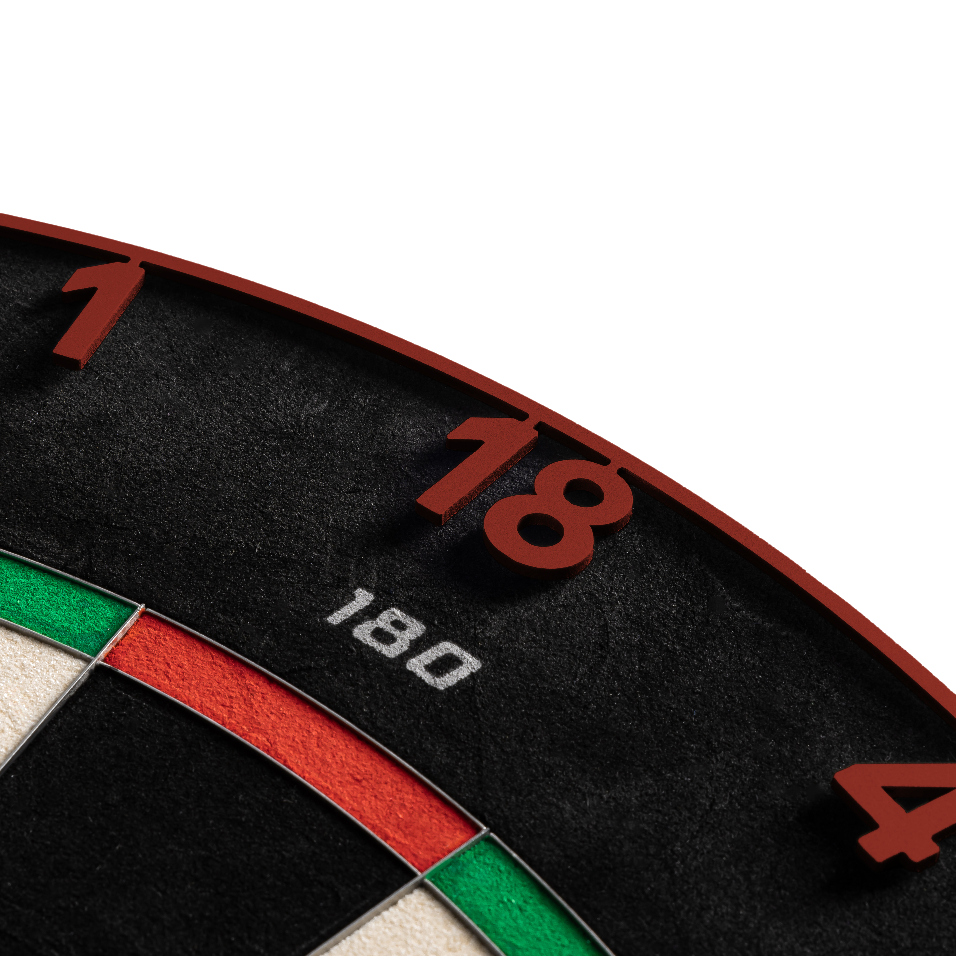 Ocelový terč Precise 180 Endorphine s číslovaným kroužkem - vybledlý červený Gezeigt wird das Precise 180 Endorphine Steeldartboard mit Nummernring in Faded Red. Das Bild beschreibt das Produkt für den Dartbereich.