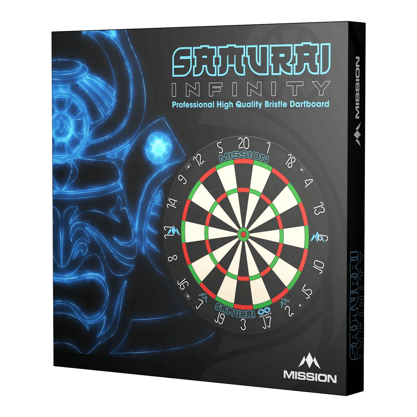Ocelový terč Mission Samurai Infinity Auf dem Bild ist die Verpackung des "Mission Samurai Infinity Steeldartboard" zu sehen. Die Box zeigt eine Abbildung eines Dartboards und ein leuchtendes Samurai-Motiv im Hintergrund.