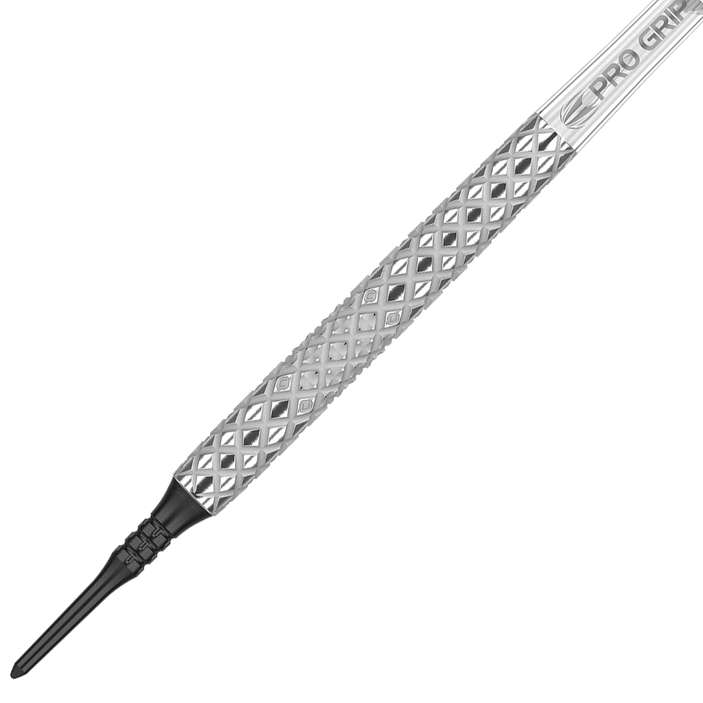 Šipky Target Nastri 11 měkké Das Bild zeigt einen Target Nastri 11 Softdart mit einer silbernen, rautenförmig gemusterten Griff-Fläche. Die Dartspitze ist schwarz und der Schaft trägt die Aufschrift "PRO GRIP".