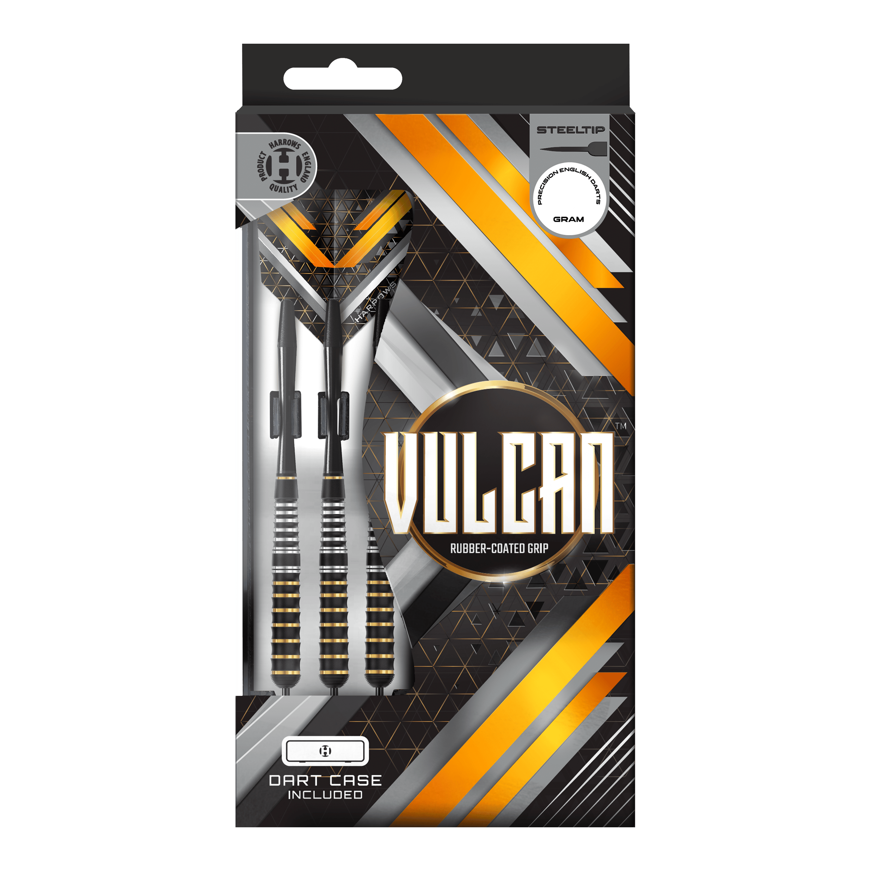 Das Bild zeigt Harrows Vulcan Steeldarts. Die hochwertige Verarbeitung ist deutlich sichtbar.
