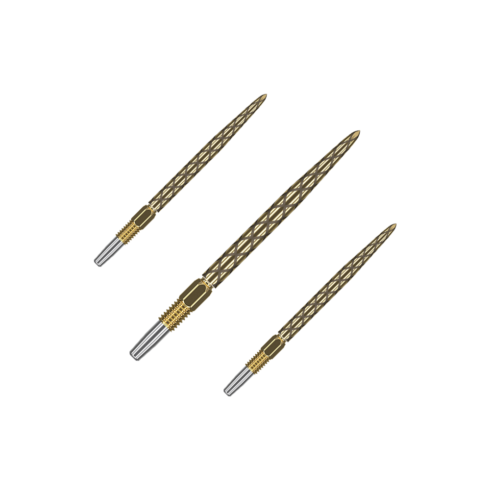 Zaměřte hroty šipek Swiss Diamond Pro Gold Das Bild zeigt drei goldfarbene Dartspitzen mit einem rautenförmigen Muster. Sie liegen nebeneinander auf einem grünen Hintergrund.