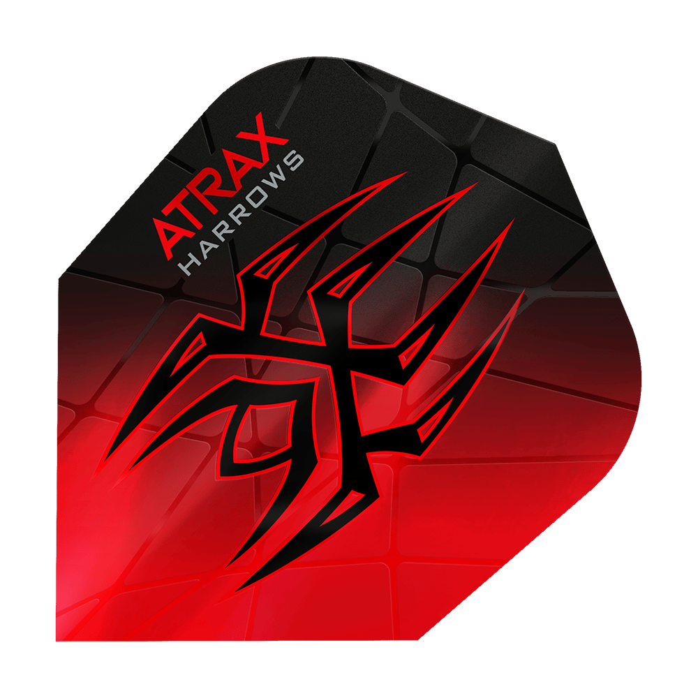 Lety Harrow's Atrax Prime No6 Das Bild zeigt das Produkt "Harrows Atrax Prime No6 Flights" in rot und schwarz. Ein auffälliges Tribal-Muster und die Markenaufschrift sind auf der Dart-Flugfläche zu sehen.