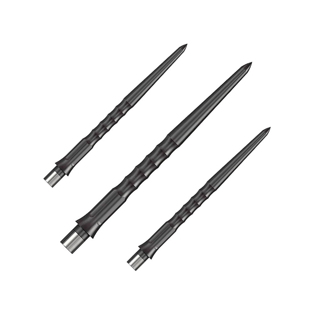 Caliburn System Steel Dart Tips - Ripple - NoLip - Black Das Bild zeigt drei schwarze Steeldartspitzen mit einer gerippten Oberfläche. Die Spitzen sind schlank und haben eine Länge von 32 mm.