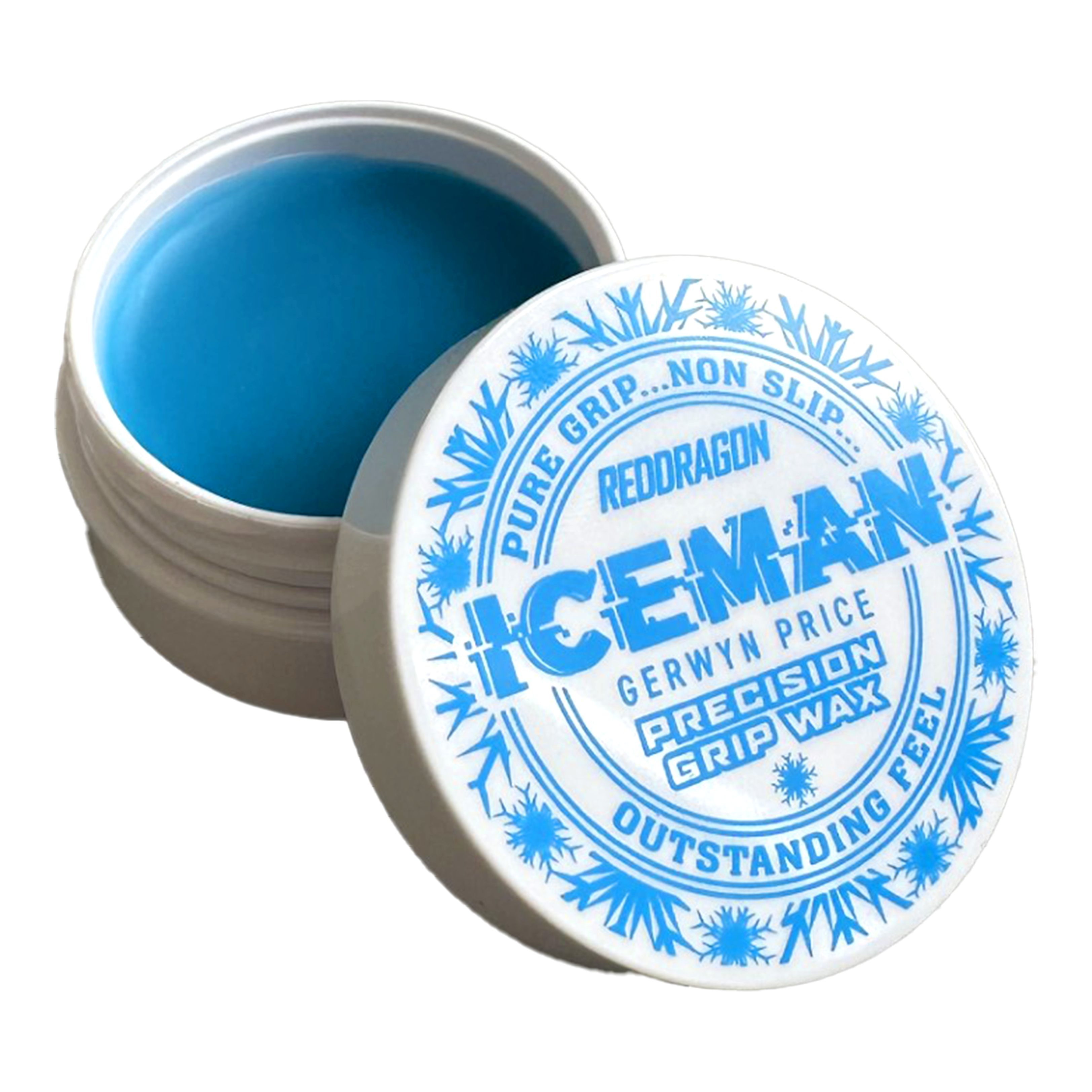 Vosk na prsty Red Dragon Gerwyn Price Iceman Precision Grip Wax Das Bild zeigt ein offenes Döschen mit blauem Fingerwachs der Marke "Red Dragon Gerwyn Price Iceman Precision Grip Wax". Auf dem Deckel steht in blauer Schrift, dass das Produkt für reinen Halt, Rutschfestigkeit und hervorragendes Gefühl sorgt.