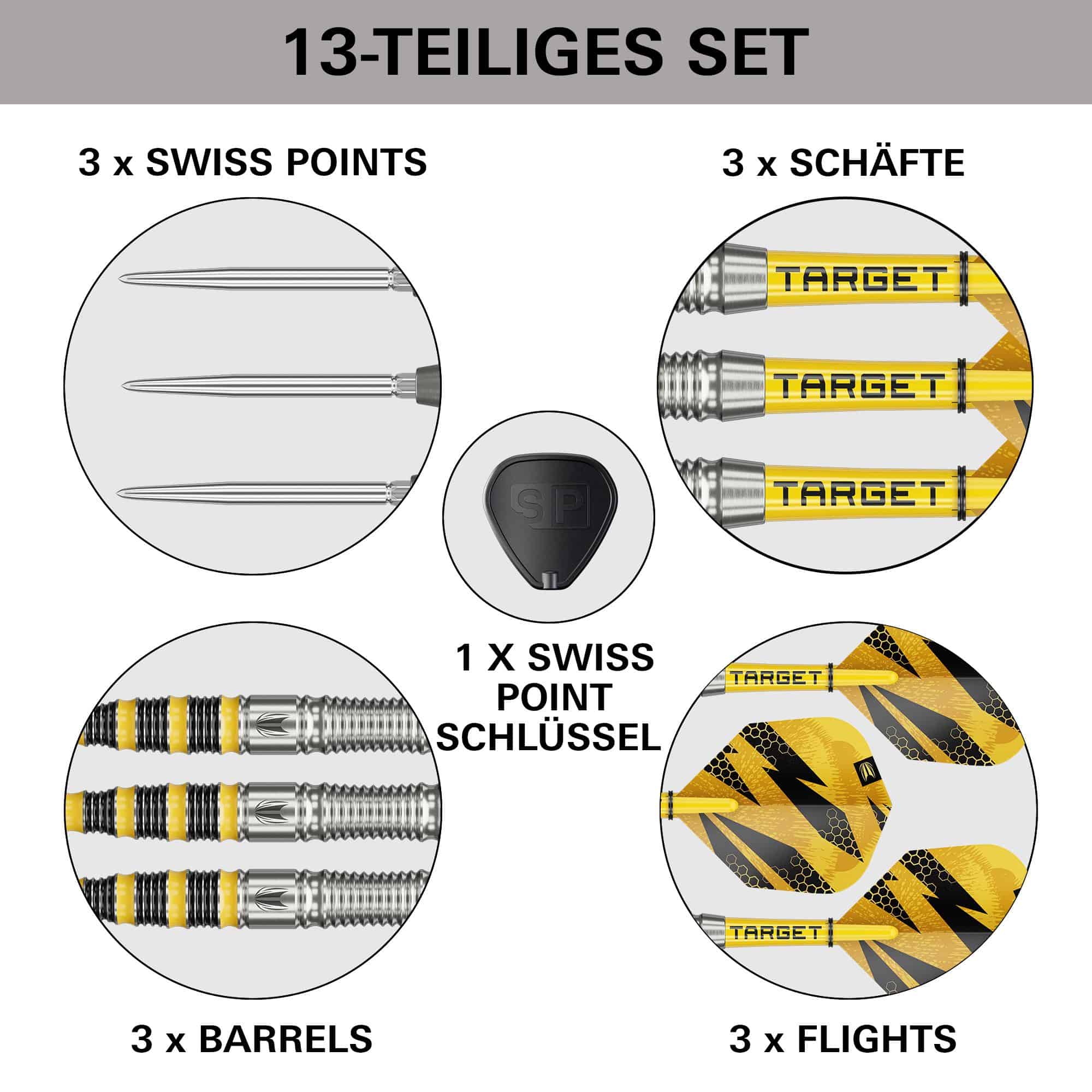 Ocelové šipky Target Buzz 03 Swiss Points Auf diesem Bild sieht man die Target Buzz 03 Swiss Points Steeldarts. Sie sind für ambitionierte Dartspieler geeignet.