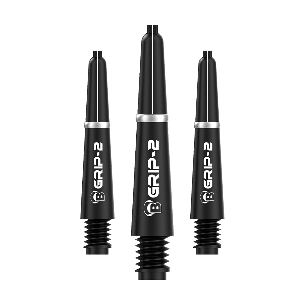 Das Bild zeigt drei schwarze Bulls B-Grip-2 SL Shafts für Dartpfeile. Sie sind schlank designt und haben weiße Schriftzüge auf der Vorderseite.