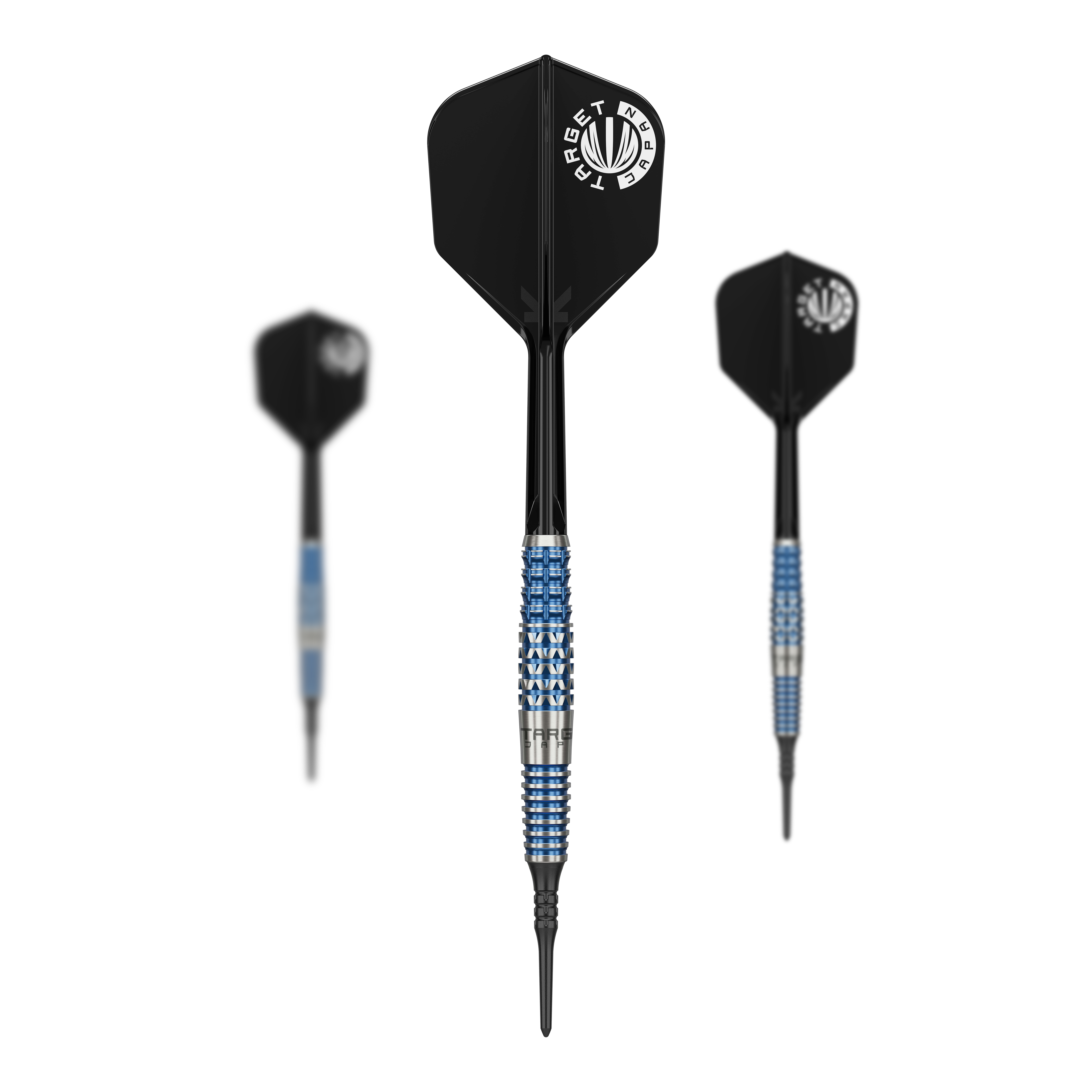 Měkké šipky Target Japan Toru Suzuki Sereno GEN2 - 20g Das Bild zeigt drei Softdarts des Modells "Target Japan Toru Suzuki Sereno GEN2 Softdarts - 20g". Die Darts haben schwarze Flights und ein blau-silbernes Griffstück.