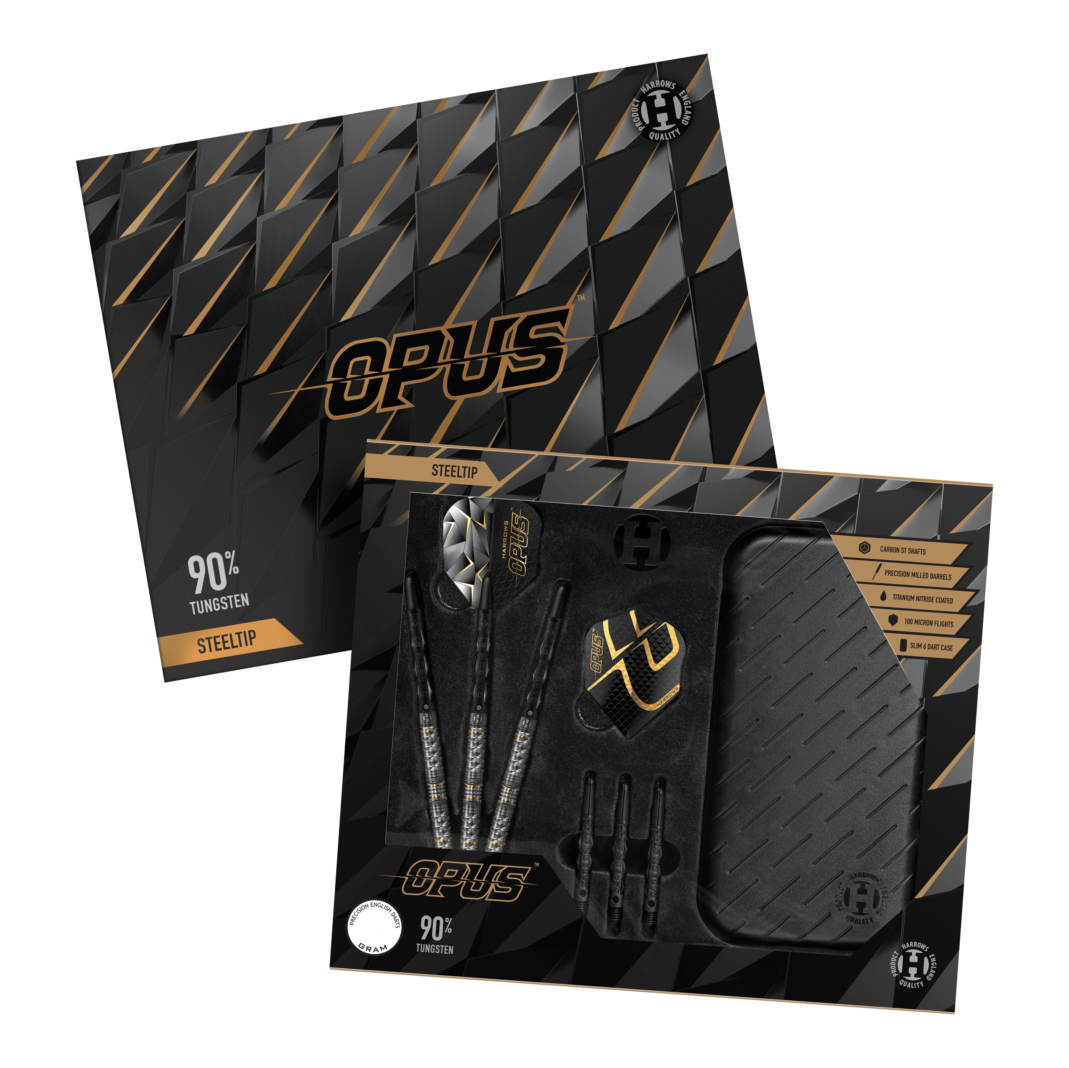 Ocelové šipky Harrow's Opus Quick Point Harrows Opus Quick Point Steeldarts - 23g. Es werden drei Steeldarts mit 23 Gramm aus der Harrows Opus Reihe dargestellt.