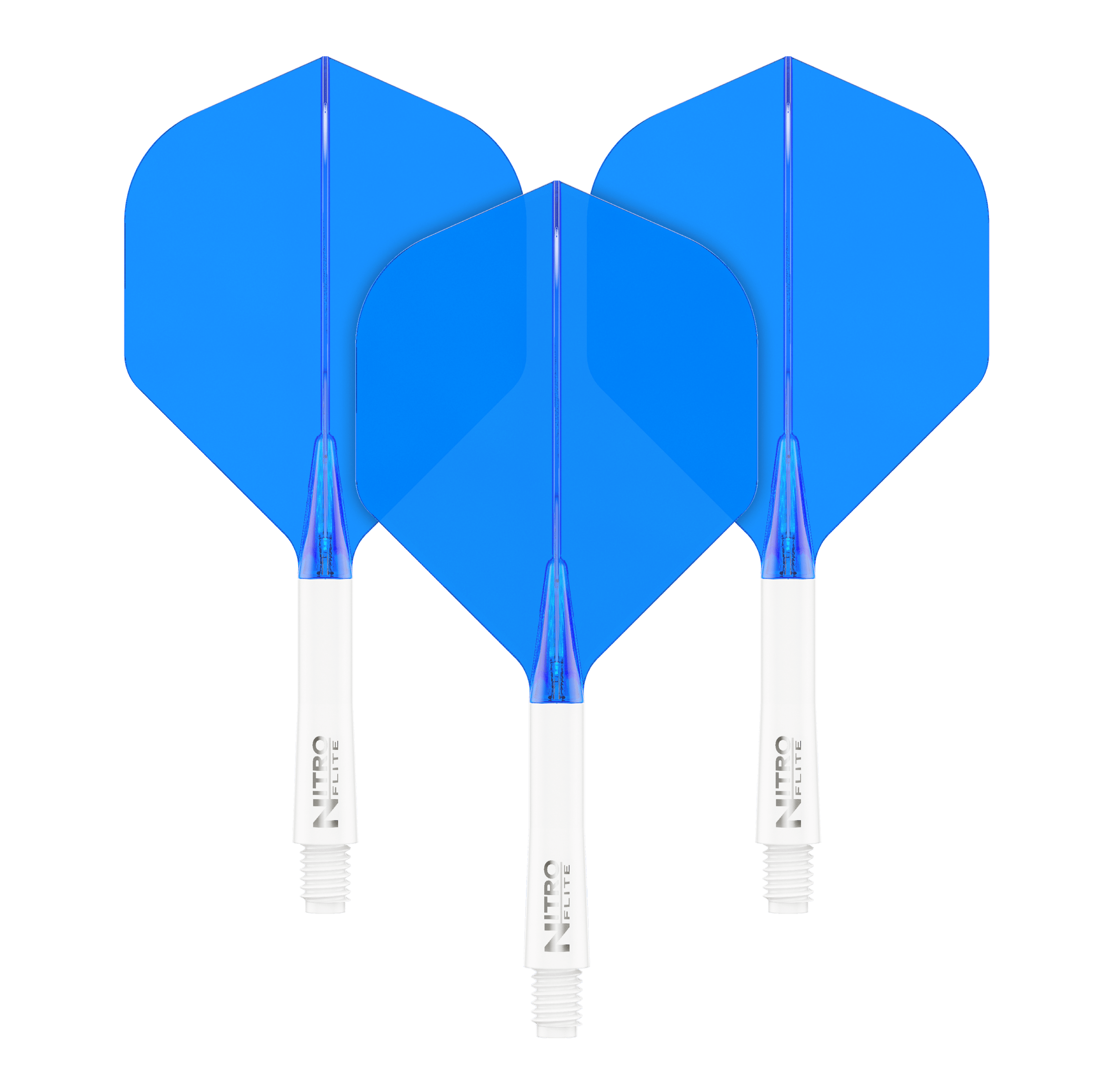 Red Dragon Nitroplite - White Shaft Blue No2 Flights Das Bild zeigt drei blaue Dart-Flights mit weißen Schäften. Sie sind nebeneinander auf schwarzem Hintergrund angeordnet.