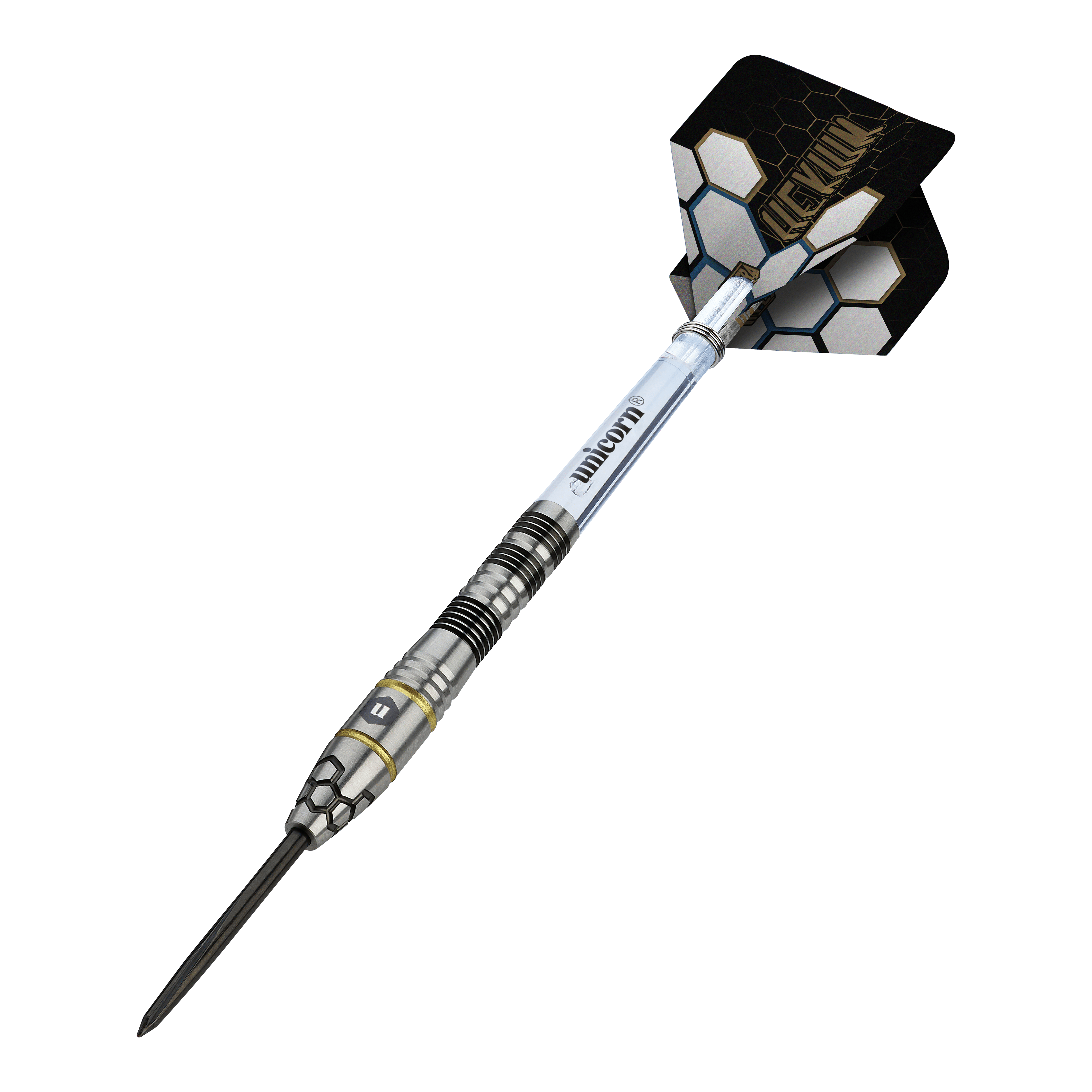 Ocelové šipky Unicorn Hexium Style 01 Černé a zlaté Hier sieht man die Unicorn Hexium Style 01 Black & Gold Steeldarts. Die Darts haben eine Kombination aus schwarzen und goldenen Elementen.