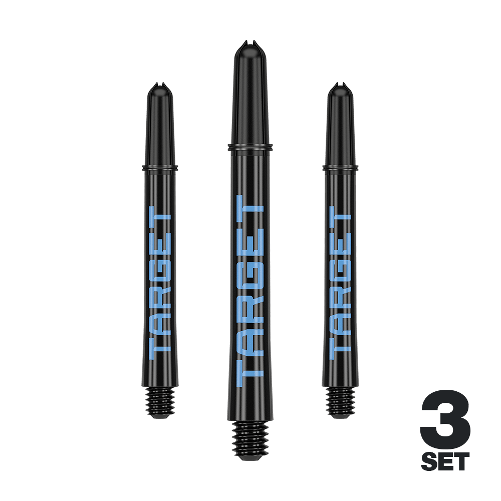Násadky Target Pro Grip TAG - 3 sady - černomodré Das Bild zeigt drei schwarze Dartschäfte mit blauer "TARGET"-Aufschrift. In der rechten unteren Ecke steht "3 SET".