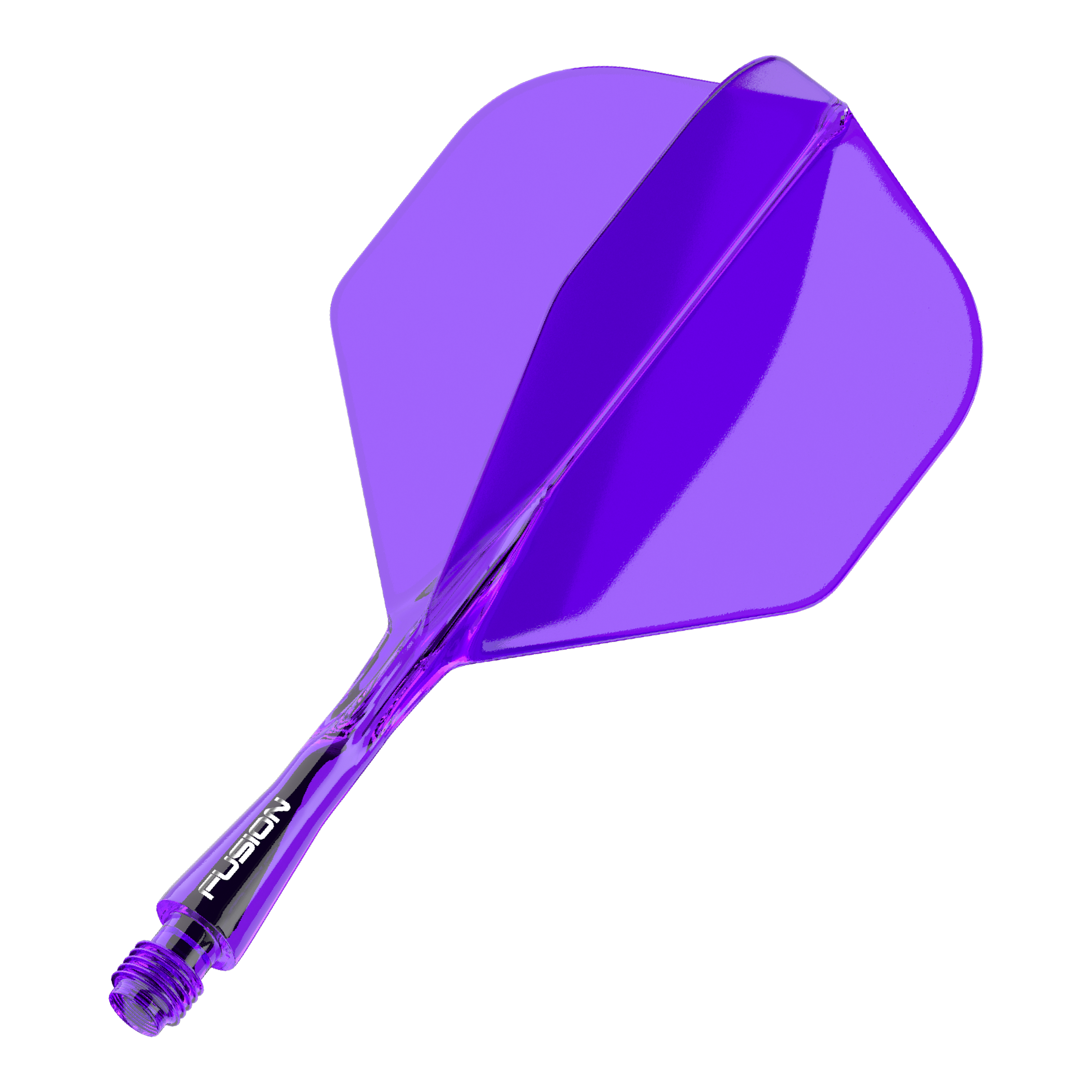 Auf dem Bild ist ein lila Dart-Flight mit Shaft zu sehen. Das Bauteil ist transparent und hat eine Standardform.