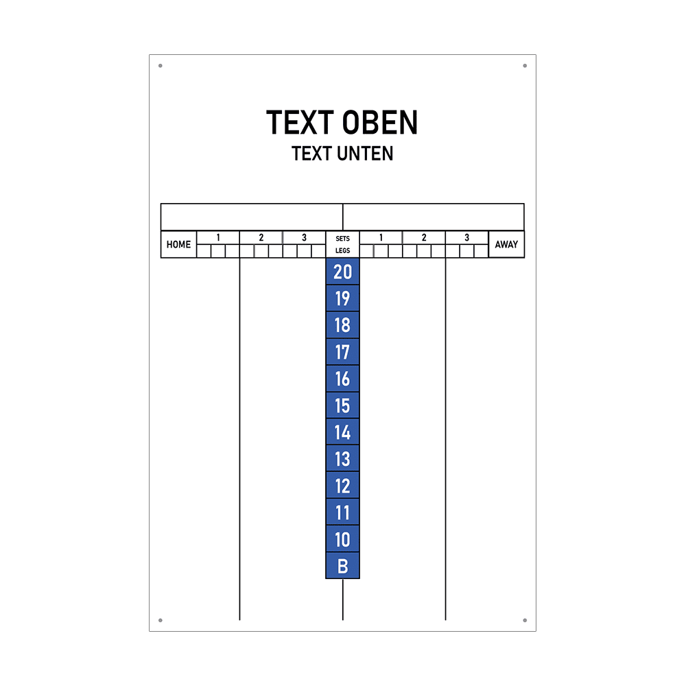 INSCORE2_Scoreboard_mit_Wunschdruck_40x60cm_Blau_1 Das Bild zeigt eine Anzeigetafel mit Feldern für Heim- und Auswärtsteams sowie Sets und Legs. In der Mitte sind die Zahlen von 20 bis 10 und ein Feld mit „B“ in blauer Farbe angeordnet.