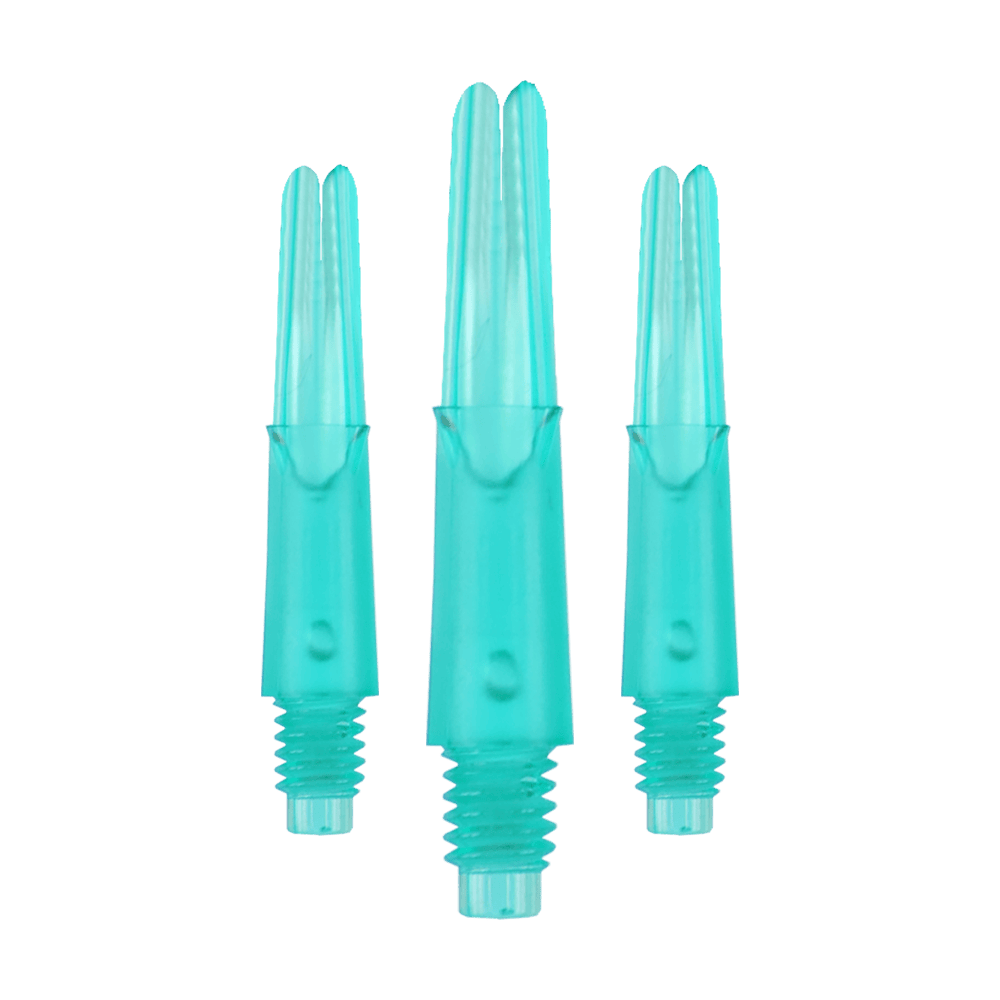 L-L-Style-Shafts Uzamčené rovné - Emerald Auf dem Bild sind drei türkisfarbene Dartschäfte zu sehen. Sie haben eine gerade Form und ein Schraubgewinde am unteren Ende.