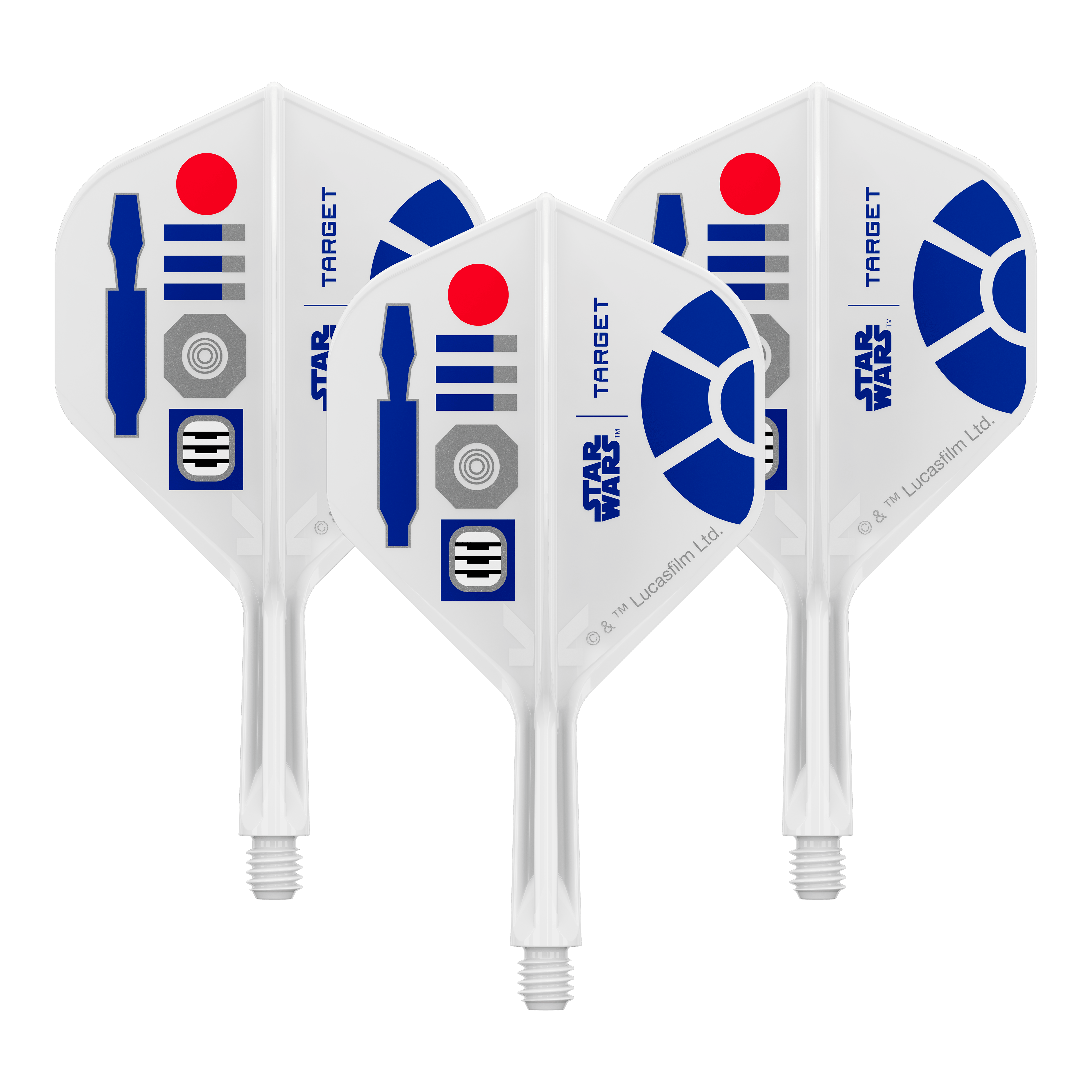 Bild eines Dart-Zubehörteils, vermutlich Dart Flights. Das Produkt ist anhand des Dateinamens als Target Star Wars KFlex R2D2 No2 Standard Flights Short 19mm erkennbar.