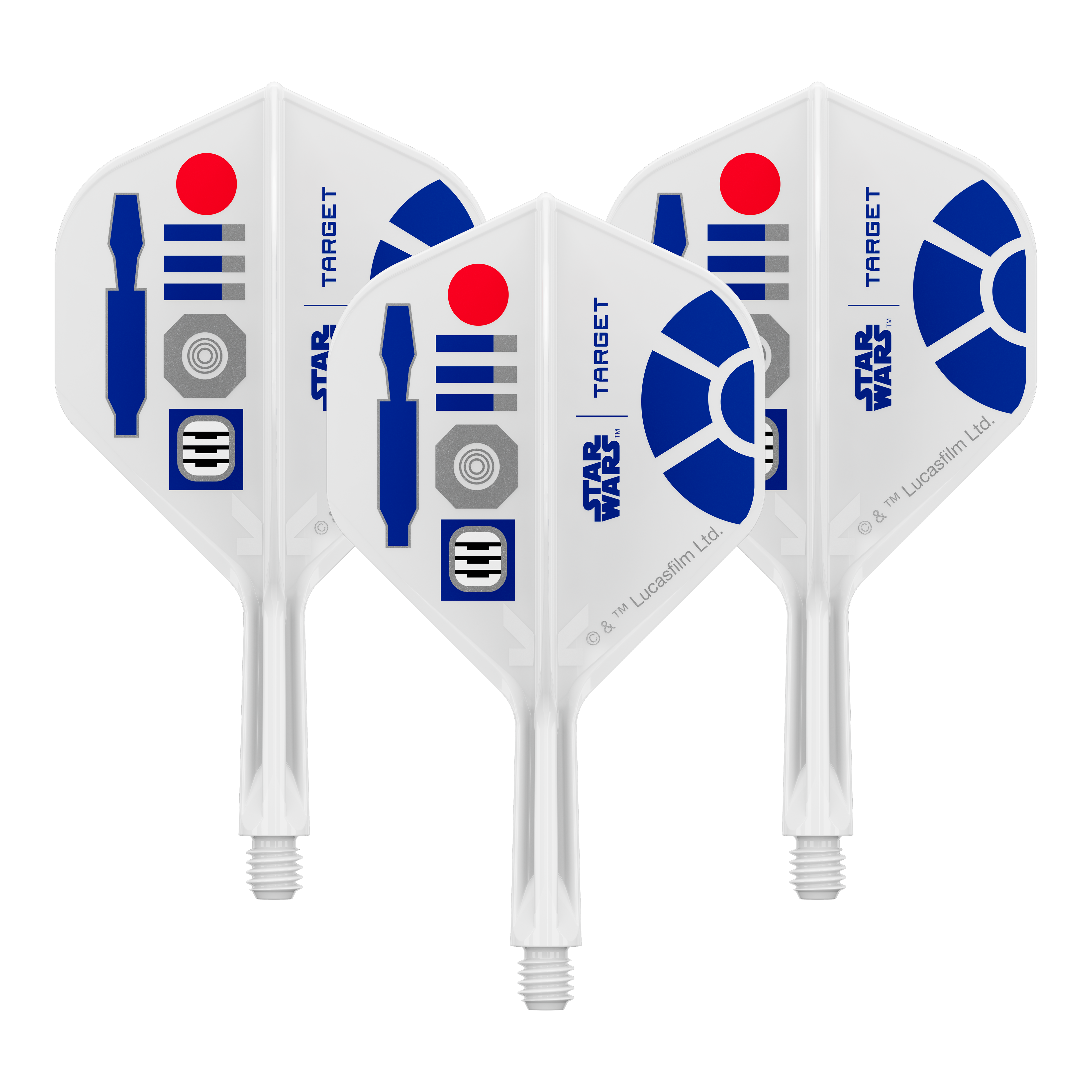 Standardní letky Target Star Wars K-Flex R2D2 No2 Bild eines Dart-Zubehörteils, vermutlich Dart Flights. Das Produkt ist anhand des Dateinamens als Target Star Wars KFlex R2D2 No2 Standard Flights Short 19mm erkennbar.