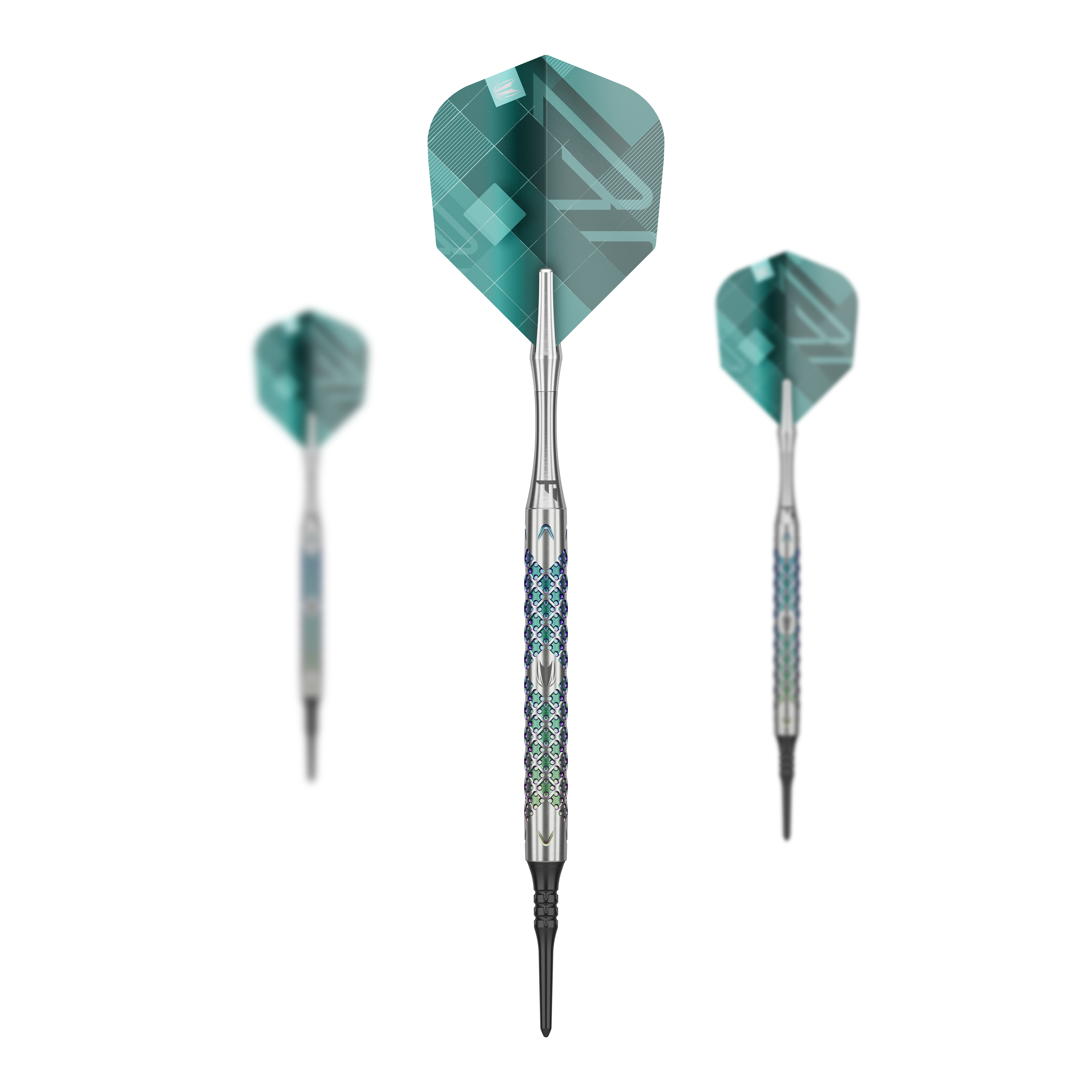 Target Rove 10 měkkých šipek Das Bild zeigt drei Softdarts des Modells "Target Rove 10" mit silbernen Schäften und grünen Flights. Die Darts sind elegant gestaltet und stehen vor einem schwarzen Hintergrund.
