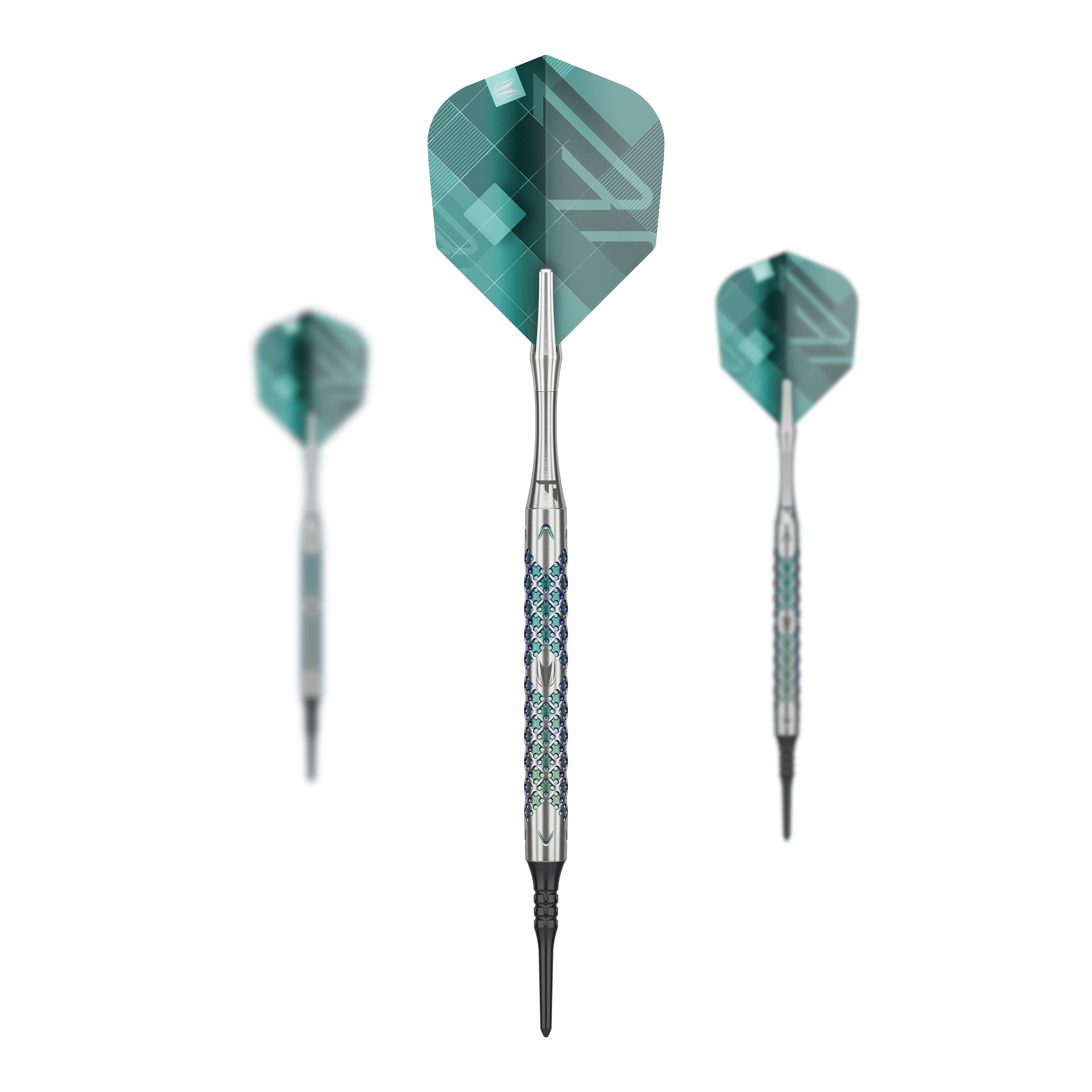 Target Rove 10 měkkých šipek Das Set Target Rove 10 Softdarts zeigt mehrere Darts zusammen. Die Produkte sind gleichmäßig angeordnet.