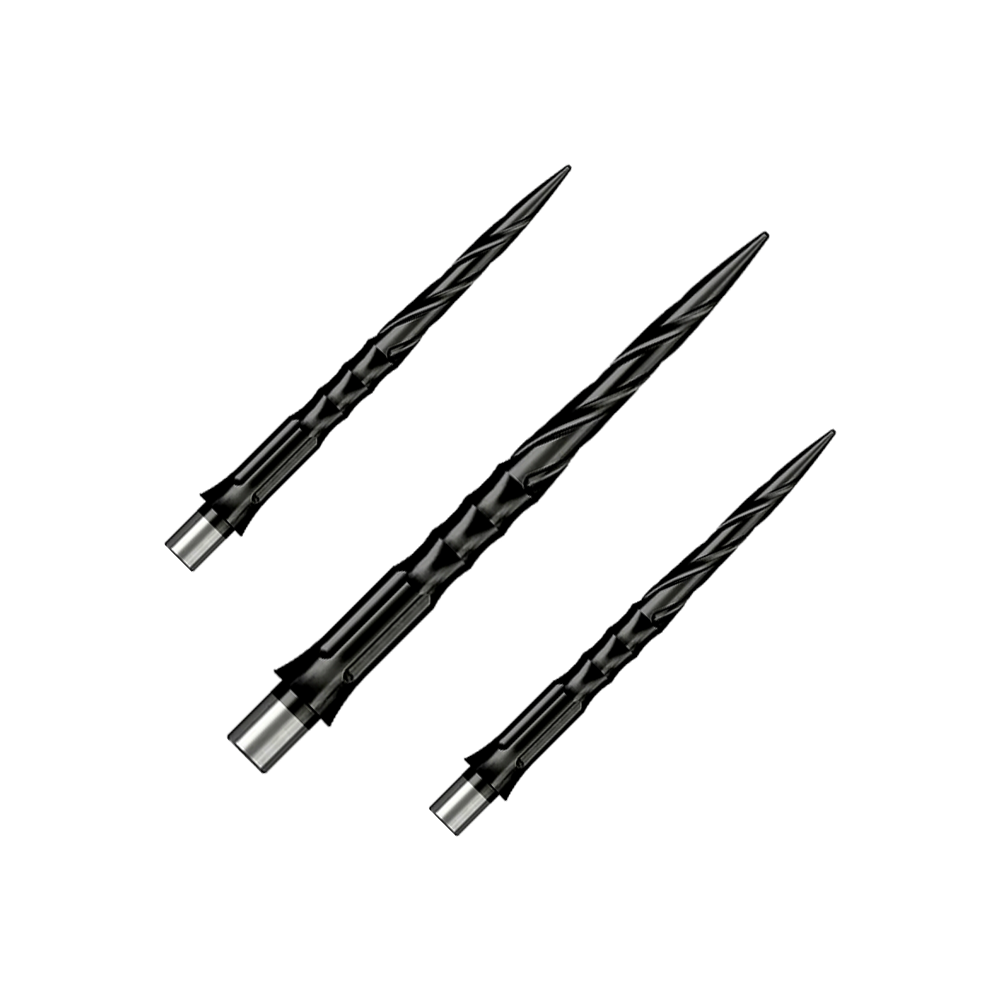 Abgebildet ist ein Set von Steeldartspitzen aus der Datei 'EVO007_Caliburn_Evo_System_Steeldartspitzen_Spiro_NoLip_Black_28mm_1Set_(1)'. Mehrere schwarze Dartspitzen sind als Gruppe dargestellt.