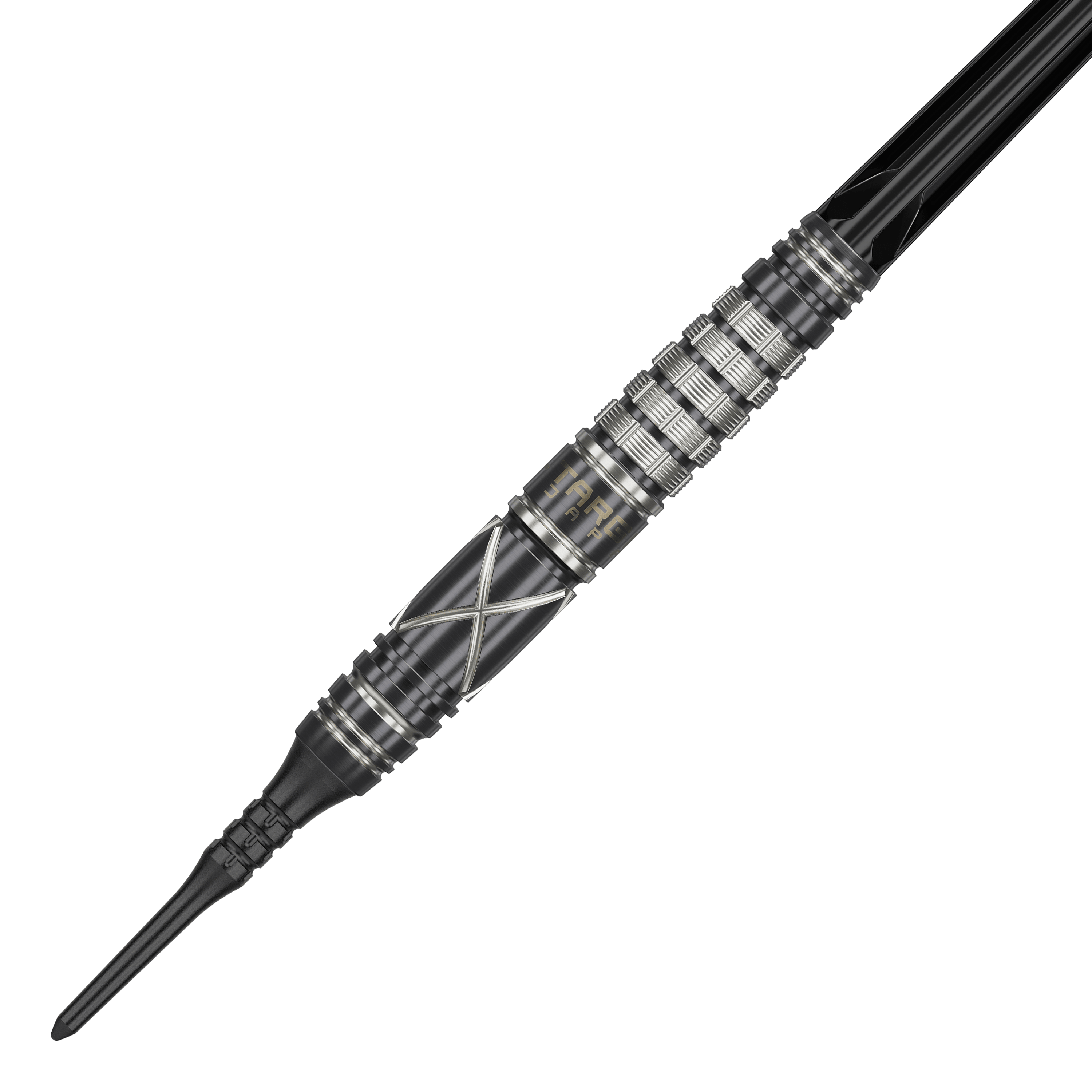 Auf dem Bild ist ein Softdart der Marke "Target Japan Black Marque Chaos 2" mit 19g Gewicht zu sehen. Der Dartpfeil hat ein schwarzes Design mit silbernen Akzenten und einer geriffelten Griffzone.