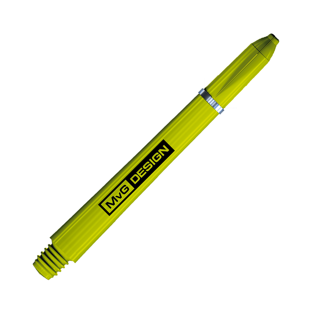 7100_Winmau_Nylon_Ring_Grip_MvG_Design_Shafts_46mm_2 Das Bild zeigt einen gelben Dart-Shaft mit der Aufschrift "MvG DESIGN". Es handelt sich um den Winmau Nylon Ring Grip MvG Design Shaft.