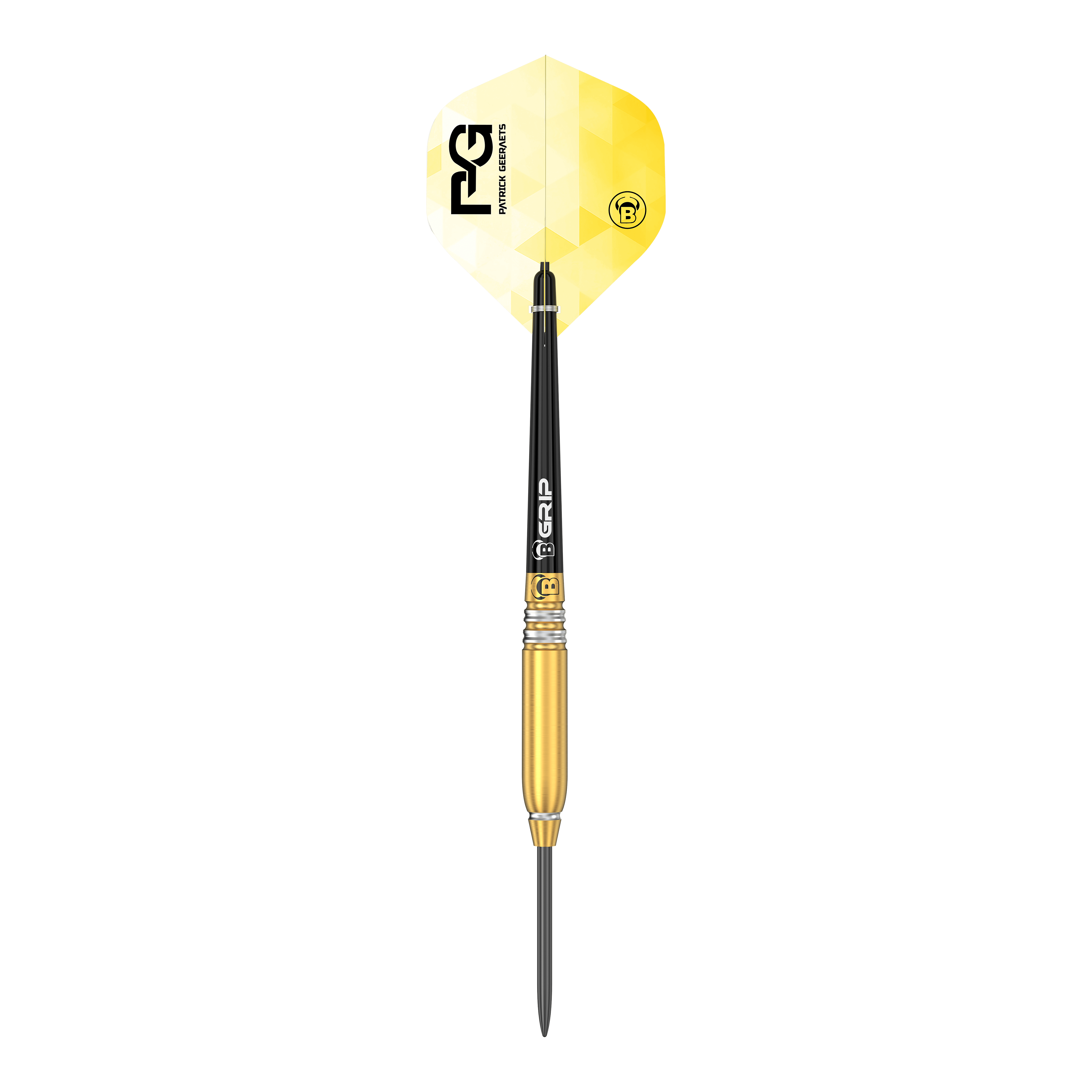 Býci Patrick Geeraets Steeldarts - 23g Das Bild zeigt einen Steeldart namens "Bulls Patrick Geeraets Steeldarts - 23g". Der Dartpfeil hat eine goldene Barrel, einen schwarzen Schaft und ein gelb-weißes Flight mit Logo.
