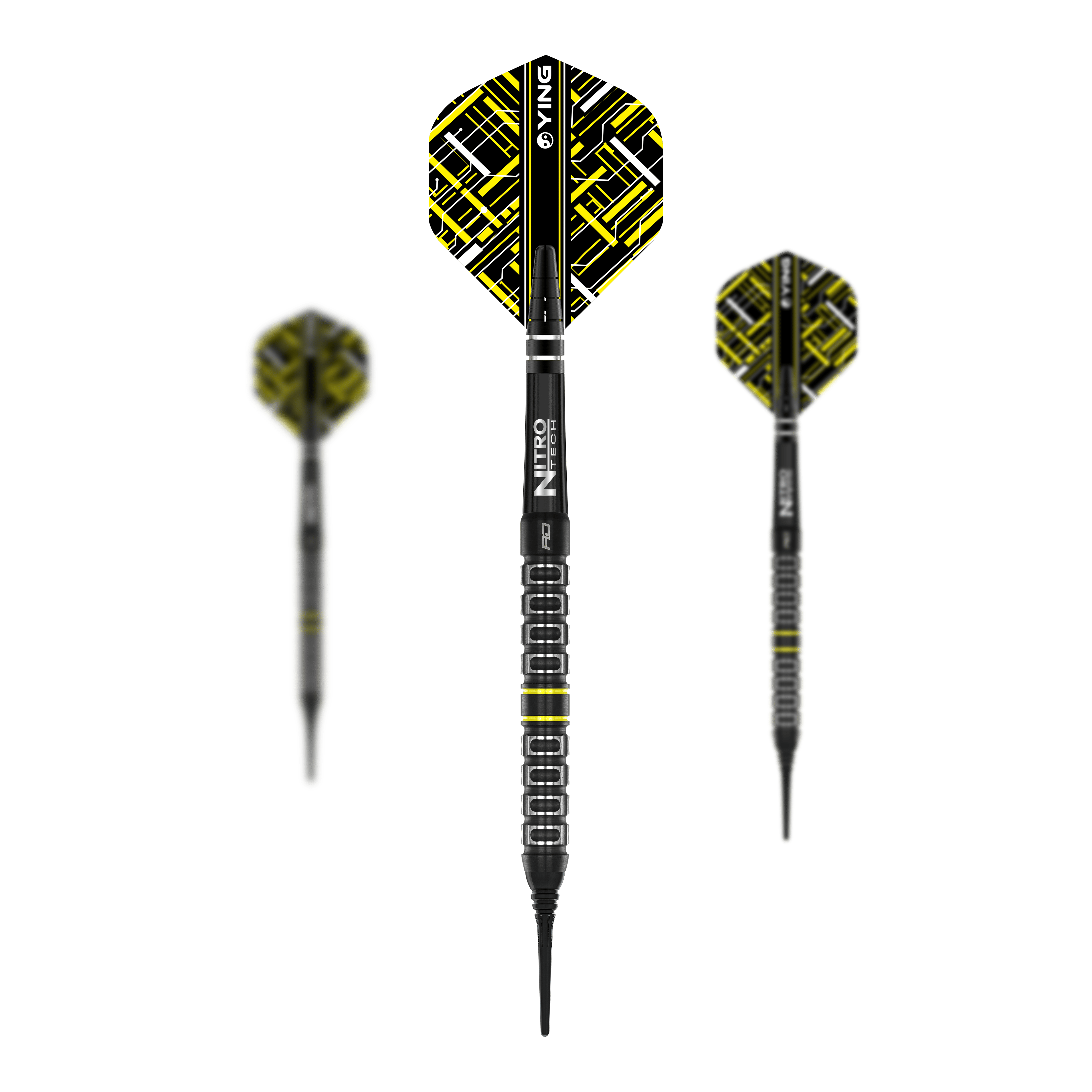Red Dragon Astraeus Q4X Parallel Softdarts - 20g Das Bild zeigt drei Softdarts des Modells "Red Dragon Astraeus Q4X Parallel" mit einem Gewicht von 20g. Die Darts haben ein auffälliges schwarz-gelbes Design mit geometrischem Muster auf den Flights.