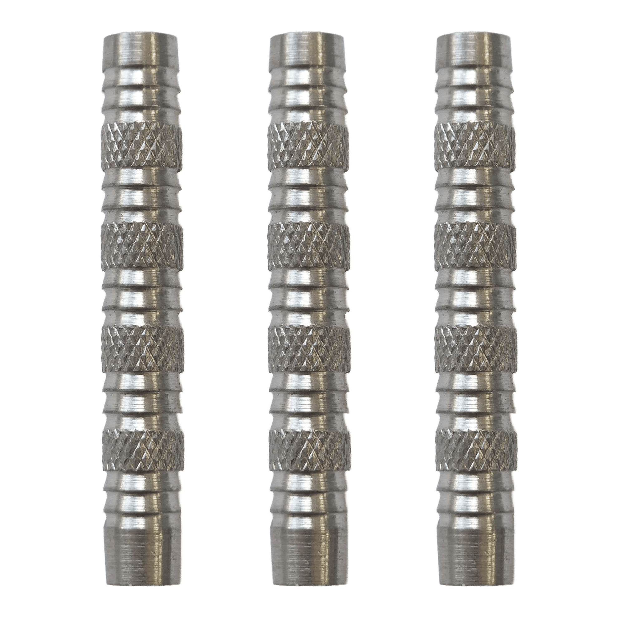 McDart vroubkované žraločí hlaveň na softdarty - 18g Hier sieht man McDart Knurled Shark Softdart Barrels - 18g als Set. Die Dart-Barrels sind silbern und haben ein markantes Rillenmuster.
