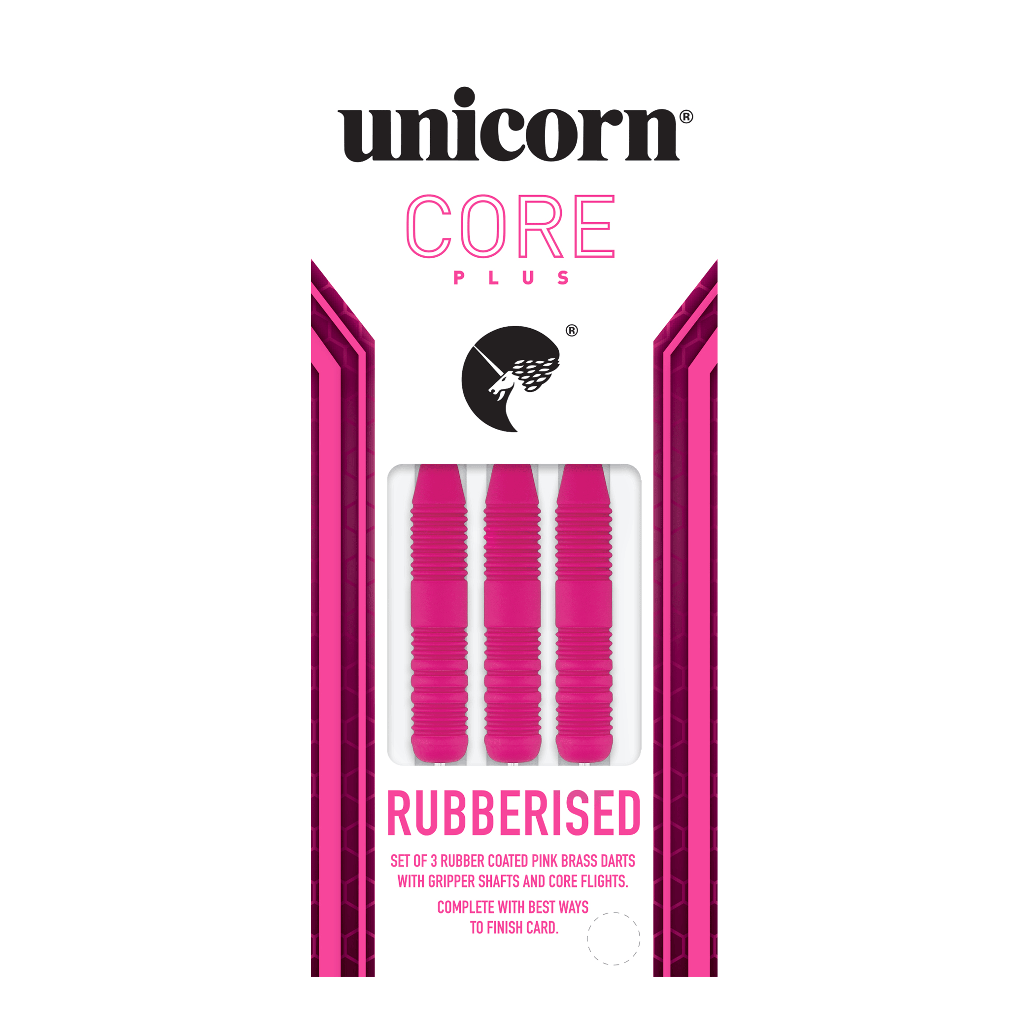 Šipky Unicorn Core Plus pogumované růžové ocelové Das Bild zeigt eine Packung mit drei pinken, gummierten Steeldarts der Marke Unicorn Core Plus. Die Darts haben geriffelte Griffe und werden in einer weiß-pinken Verpackung präsentiert.