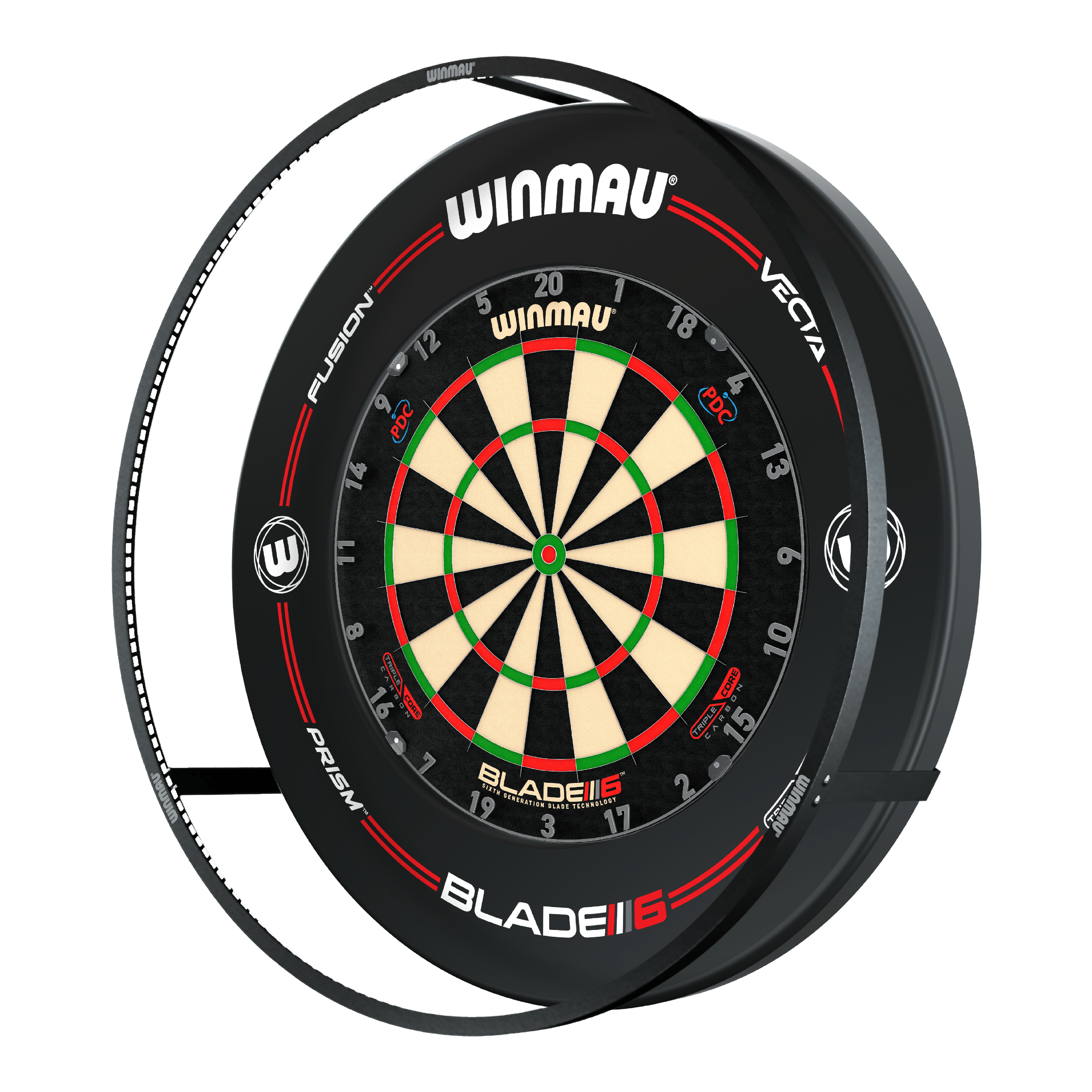 BALÍČEK Plazmové LED osvětlení a prostorový zvuk Winmau Das Bild zeigt das 'Winmau Plasma LED Beleuchtung und Surround Bundle' mit einer Dartscheibe. Um die Scheibe herum befindet sich eine LED-Beleuchtung und ein schwarzer Schutzring.