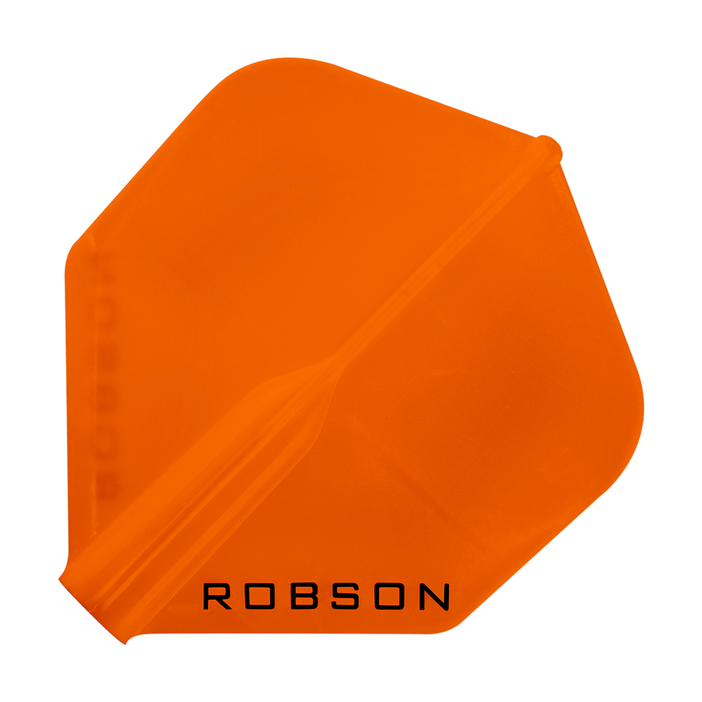 Lety Robson Plus – standardní Das Bild zeigt ein orangefarbenes Dartflight mit der Aufschrift "ROBSON". Das Flight hat eine klassische, standardmäßige Form.