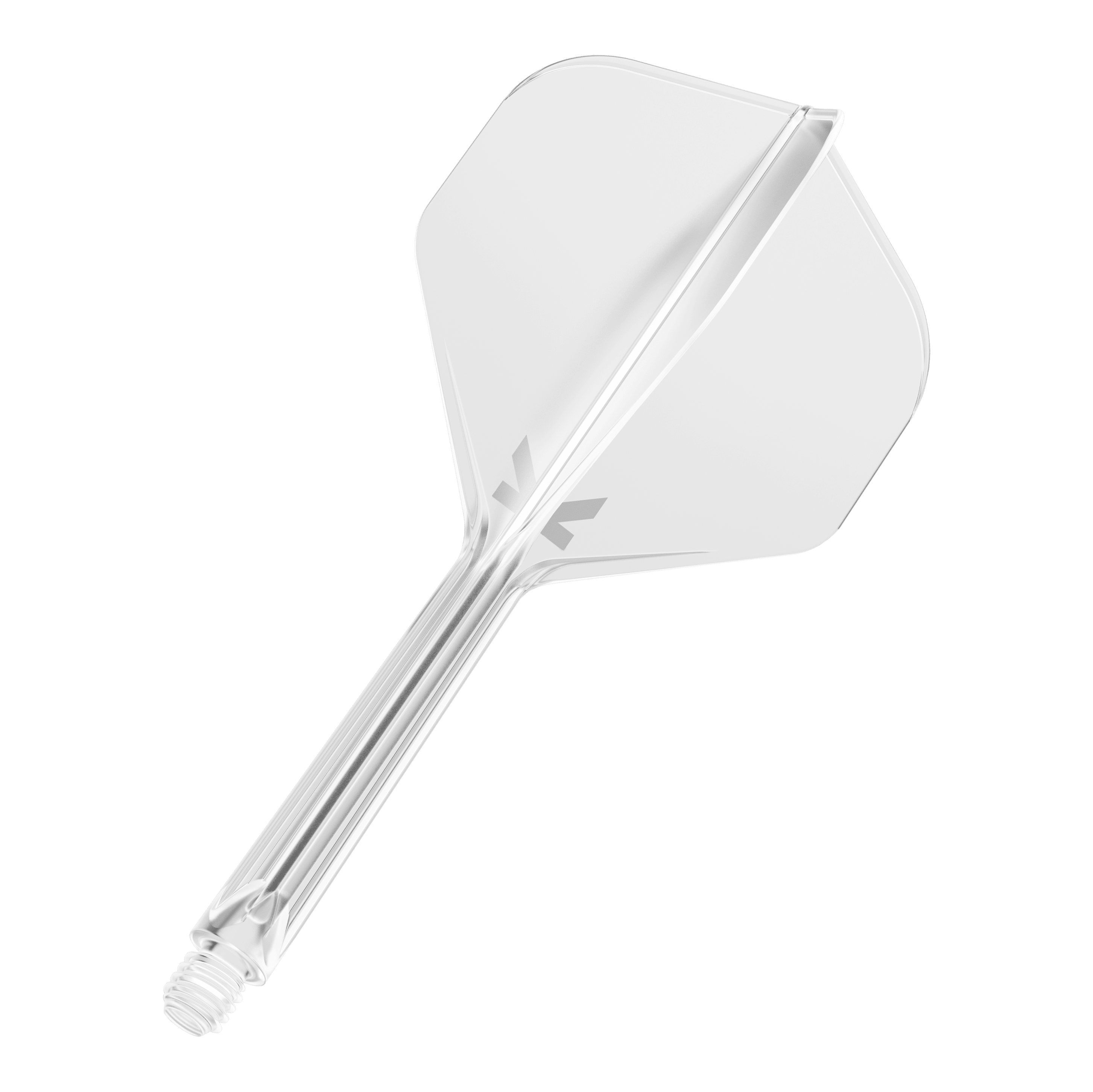 Standardní letový systém Target K-Flex No2 - čirý Das Bild zeigt einen klaren Dart-Flight mit integriertem Schaft. Das Design ist schlicht und durchsichtig, mit einem kleinen grauen Logo auf dem Flight.