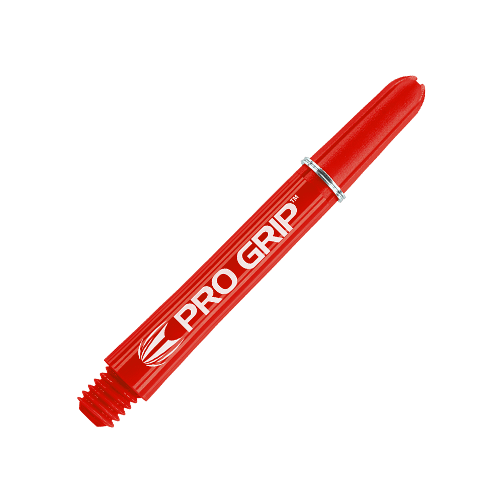 Target Pro Grip Shafts – 3 sady – červená Das Bild zeigt einen roten Dartshaft mit der Aufschrift "PRO GRIP". Der Hintergrund ist ebenfalls rot und weist ein Muster aus Linien auf.