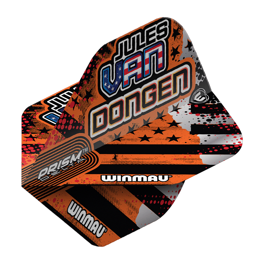 Winmau Prism Delta Jules Van Dongen Standardní lety Das Bild zeigt die Winmau Prism Delta Jules Van Dongen Standard Flights. Die Flights haben ein auffälliges Design mit orangenen, schwarzen und weißen Farben sowie dem Namen "Jules Van Dongen" aufgedruckt.