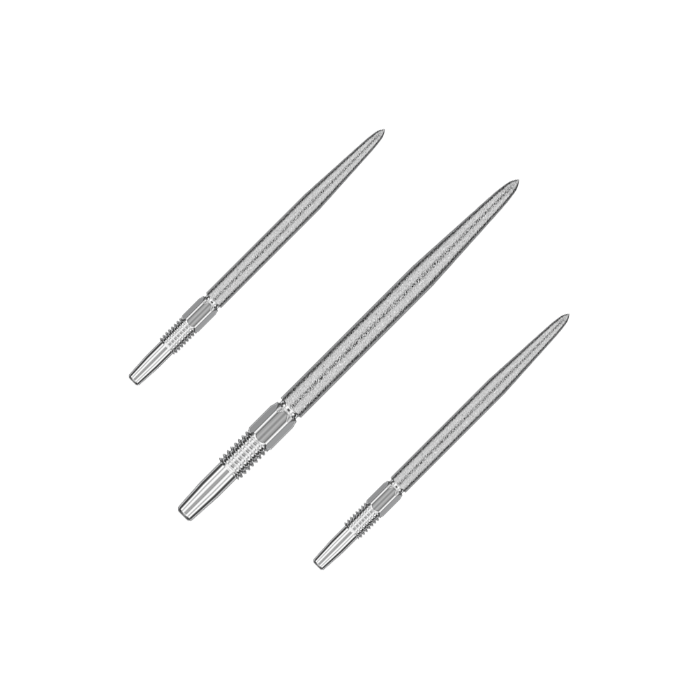 Špičky na šipky Target Swiss Point SLK - stříbrné Auf dem Bild sind drei silberne Dartspitzen zu sehen. Sie liegen nebeneinander und sind spitz zulaufend gestaltet.