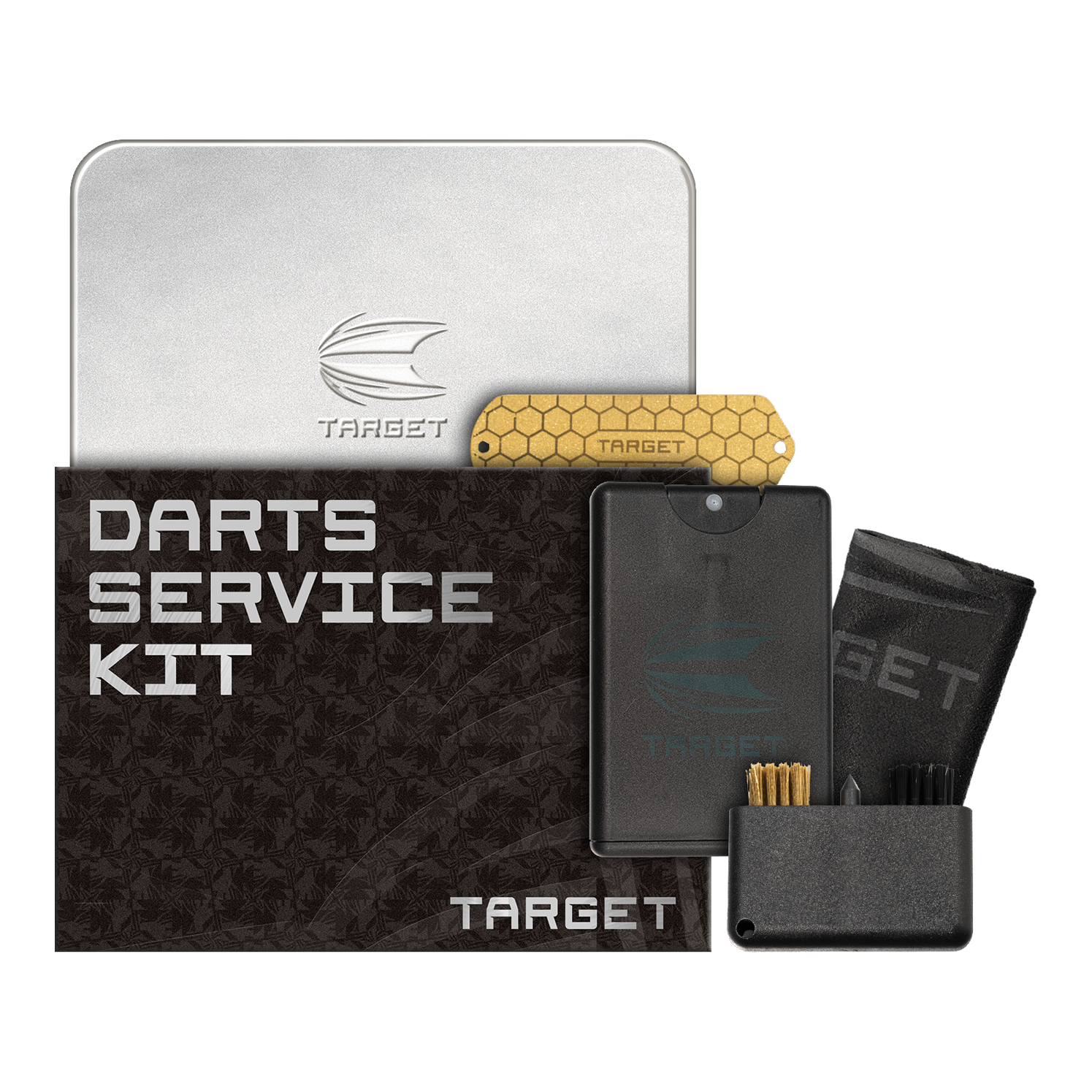 Sada pro servis šipek Target Zu sehen ist das Target Dart Servicing Kit. Dieses Set enthält verschiedene Werkzeuge und Zubehör zum Warten von Darts.