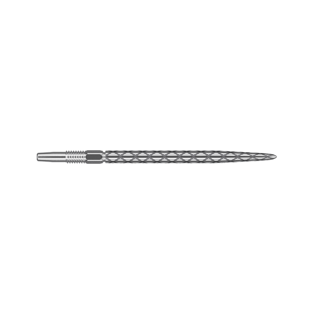 Zaměřte hroty šipek Swiss Diamond Pro Silver Points Das Bild zeigt eine silberne Dartspitze mit einem Rautenmuster entlang des Schafts. Die Spitze ist gerade und hat feine Gravuren zur besseren Griffigkeit.